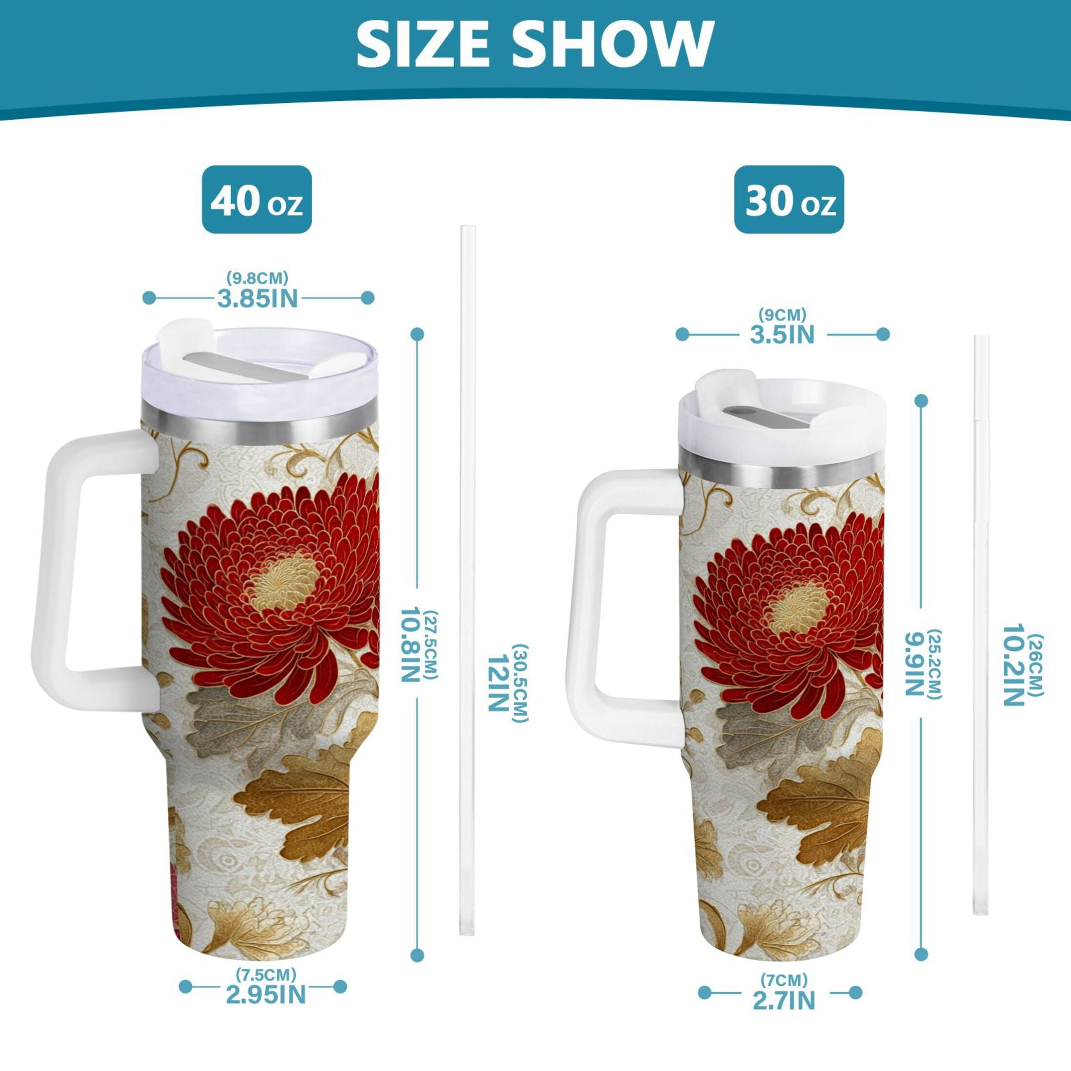 30 oz Insulated Stainless Steel Tumbler Double Wall Stainless Steel Tumbler with 2-Way Drinking Red Chrysanthemum Pattern 77N7