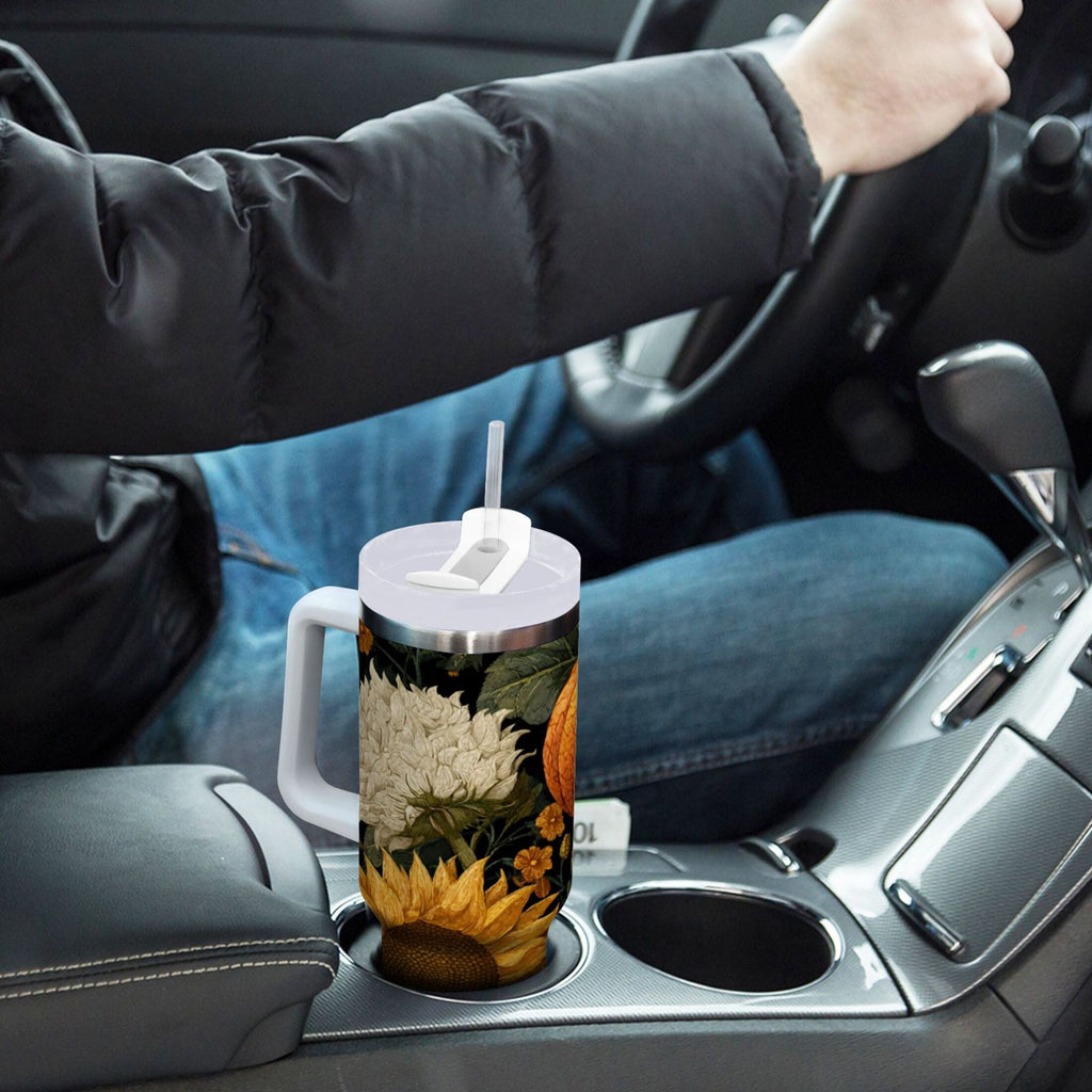 40 oz Insulated Stainless Steel Tumbler Double Wall Stainless Steel Tumbler with 2-Way Drinking Pumpkins and Sunflowers Pattern M2I1