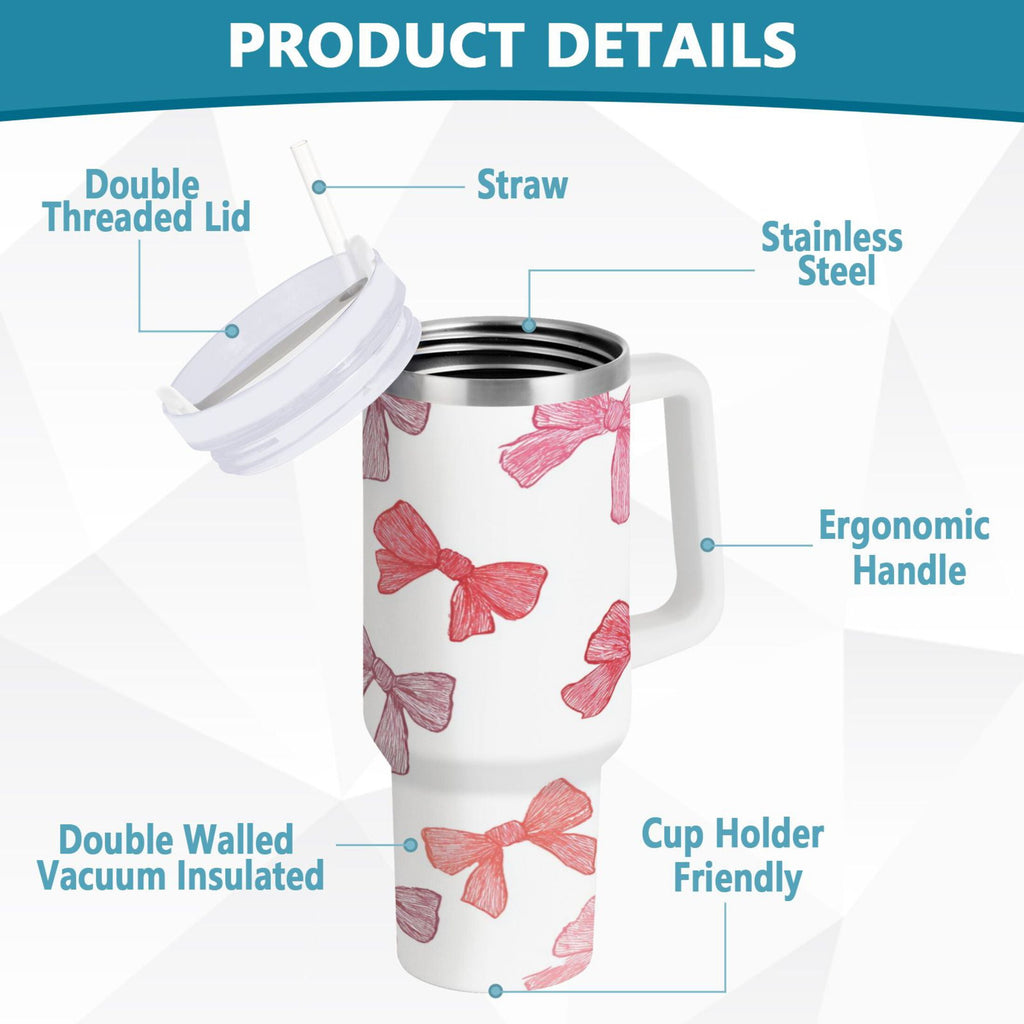 40 oz Insulated Stainless Steel Tumbler Double Wall Stainless Steel Tumbler with 2-Way Drinking Pink Bows Pattern ZVTD