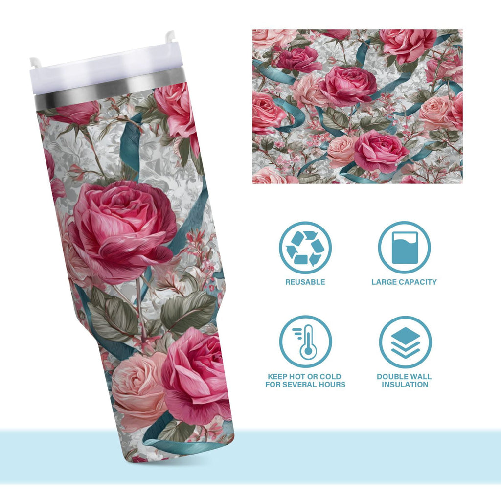 30 oz Insulated Stainless Steel Tumbler Double Wall Stainless Steel Tumbler with 2-Way Drinking Roses and Ribbons R2S9