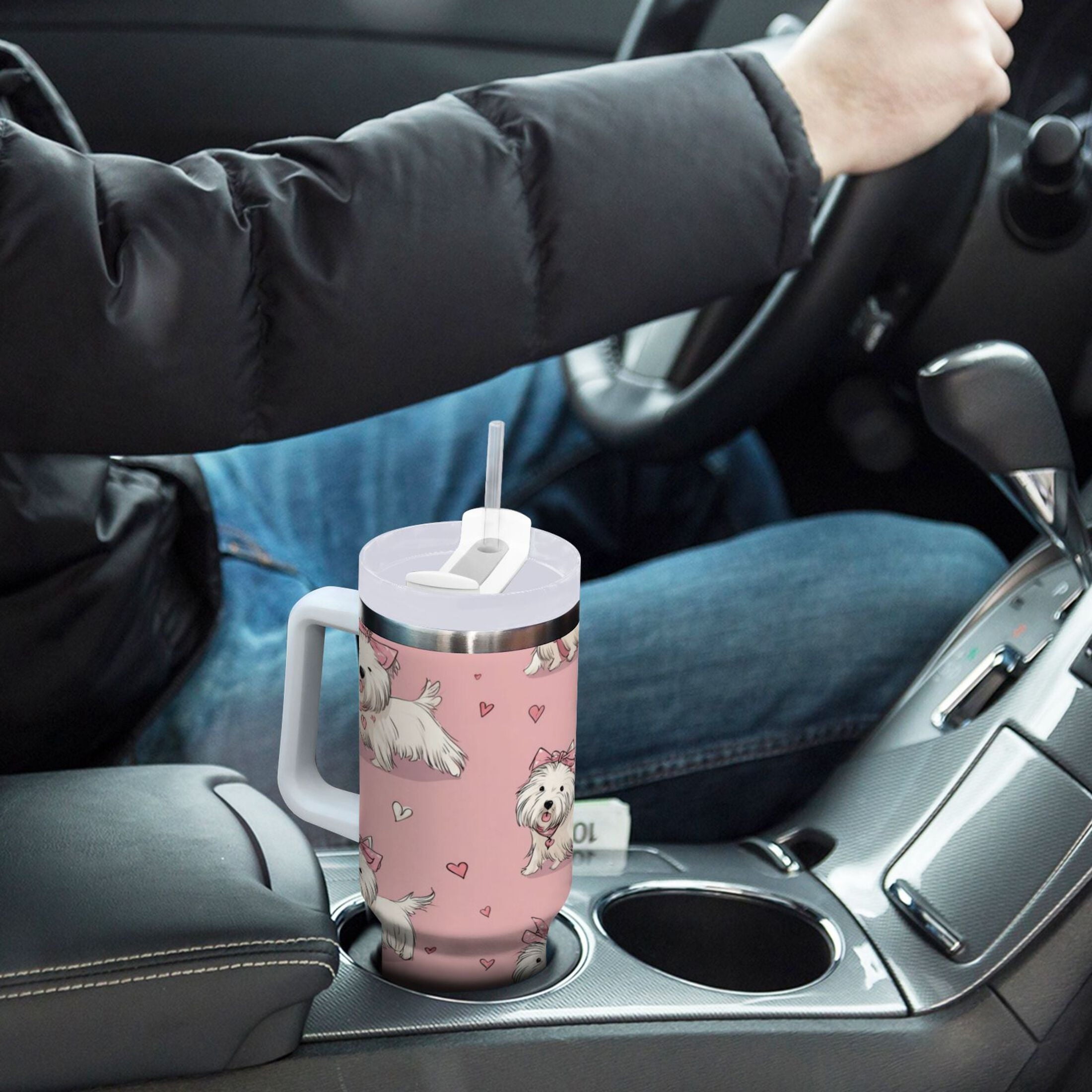 30 oz Insulated Stainless Steel Tumbler Double Wall Stainless Steel Tumbler with 2-Way Drinking Dogs Wearing Bows 9QI6