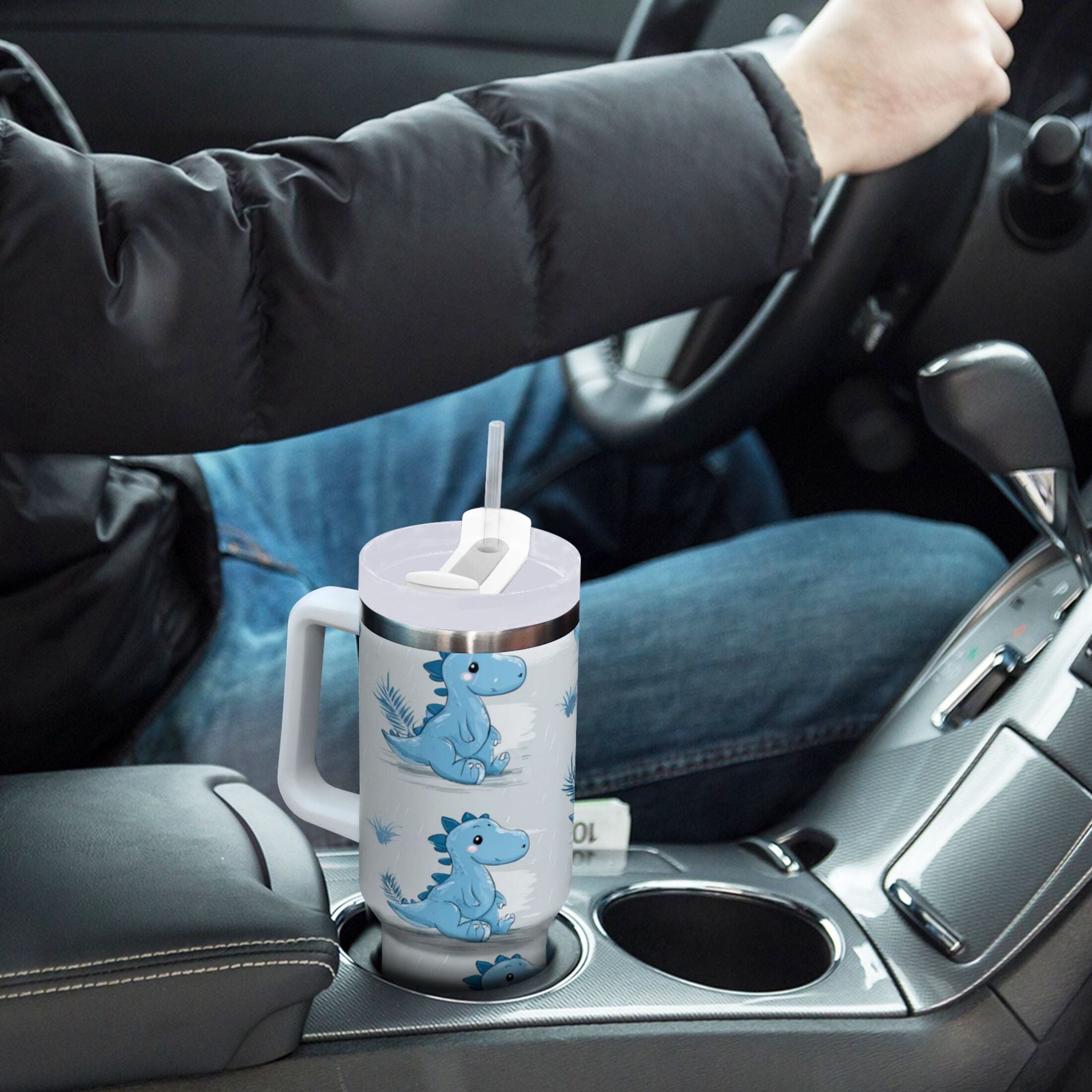 30 oz Insulated Stainless Steel Tumbler Double Wall Stainless Steel Tumbler with 2-Way Drinking Cartoon Blue Dinosaurs FNMJ