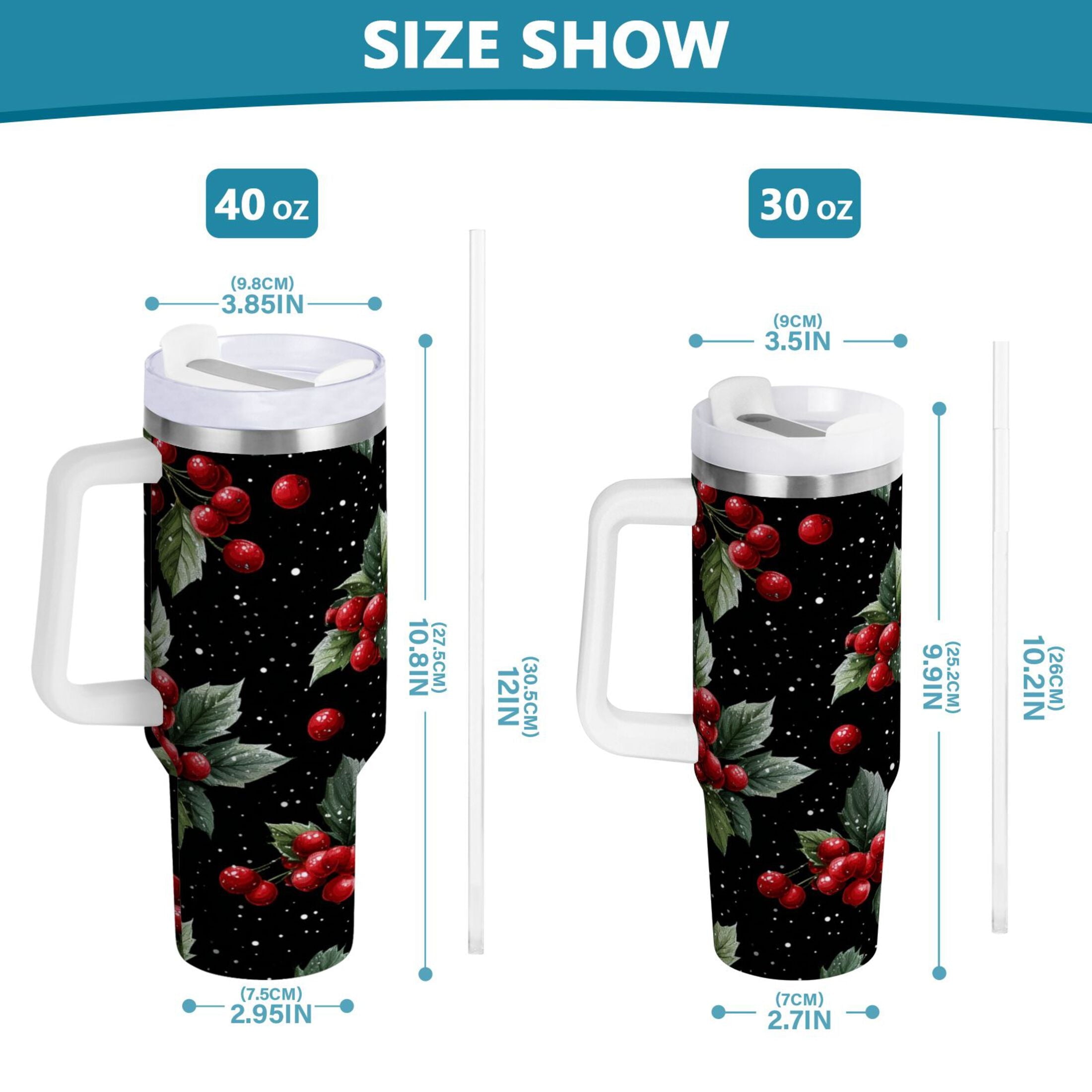 40 oz Insulated Stainless Steel Tumbler Double Wall Stainless Steel Tumbler with 2-Way Drinking Red Holly Berries Pattern JL9Z