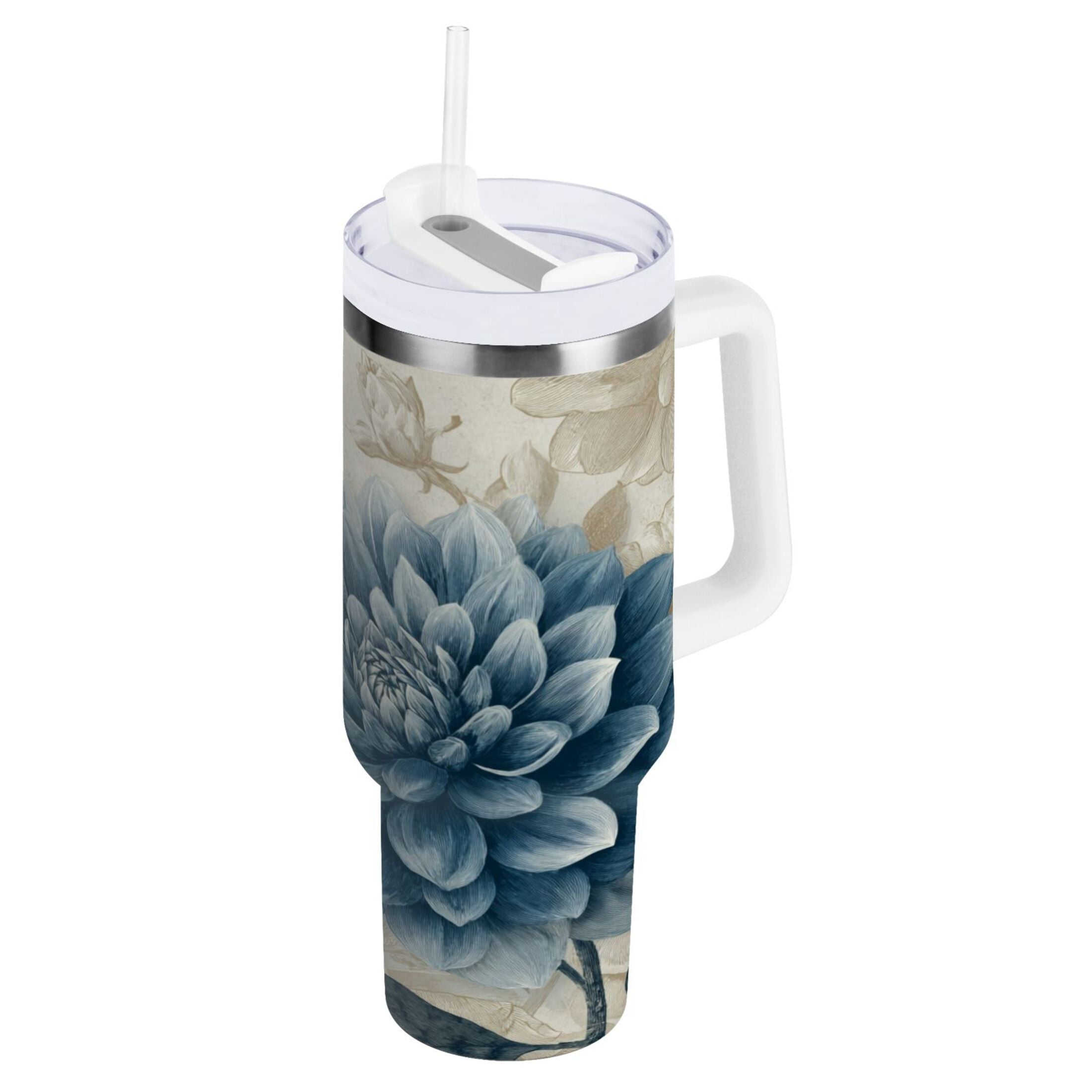 40 oz Insulated Stainless Steel Tumbler Double Wall Stainless Steel Tumbler with 2-Way Drinking Blue Flower with Butterflies PN15