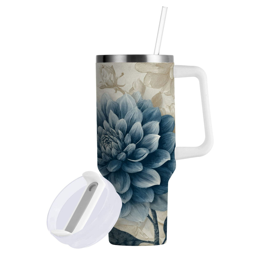 40 oz Insulated Stainless Steel Tumbler Double Wall Stainless Steel Tumbler with 2-Way Drinking Blue Flower with Butterflies PN15