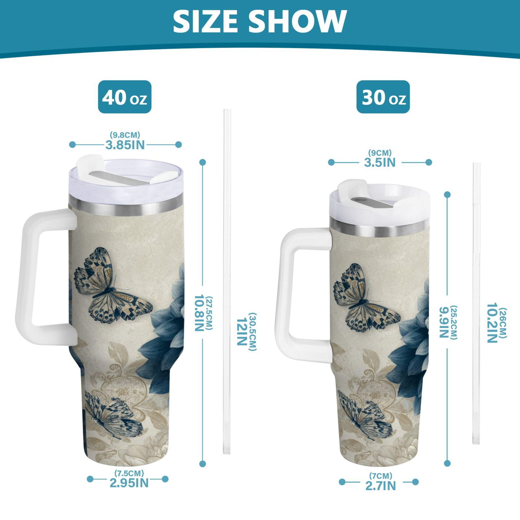40 oz Insulated Stainless Steel Tumbler Double Wall Stainless Steel Tumbler with 2-Way Drinking Blue Flower with Butterflies PN15
