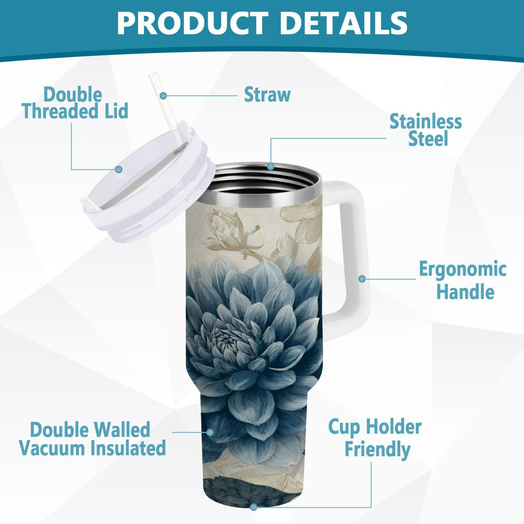 40 oz Insulated Stainless Steel Tumbler Double Wall Stainless Steel Tumbler with 2-Way Drinking Blue Flower with Butterflies PN15