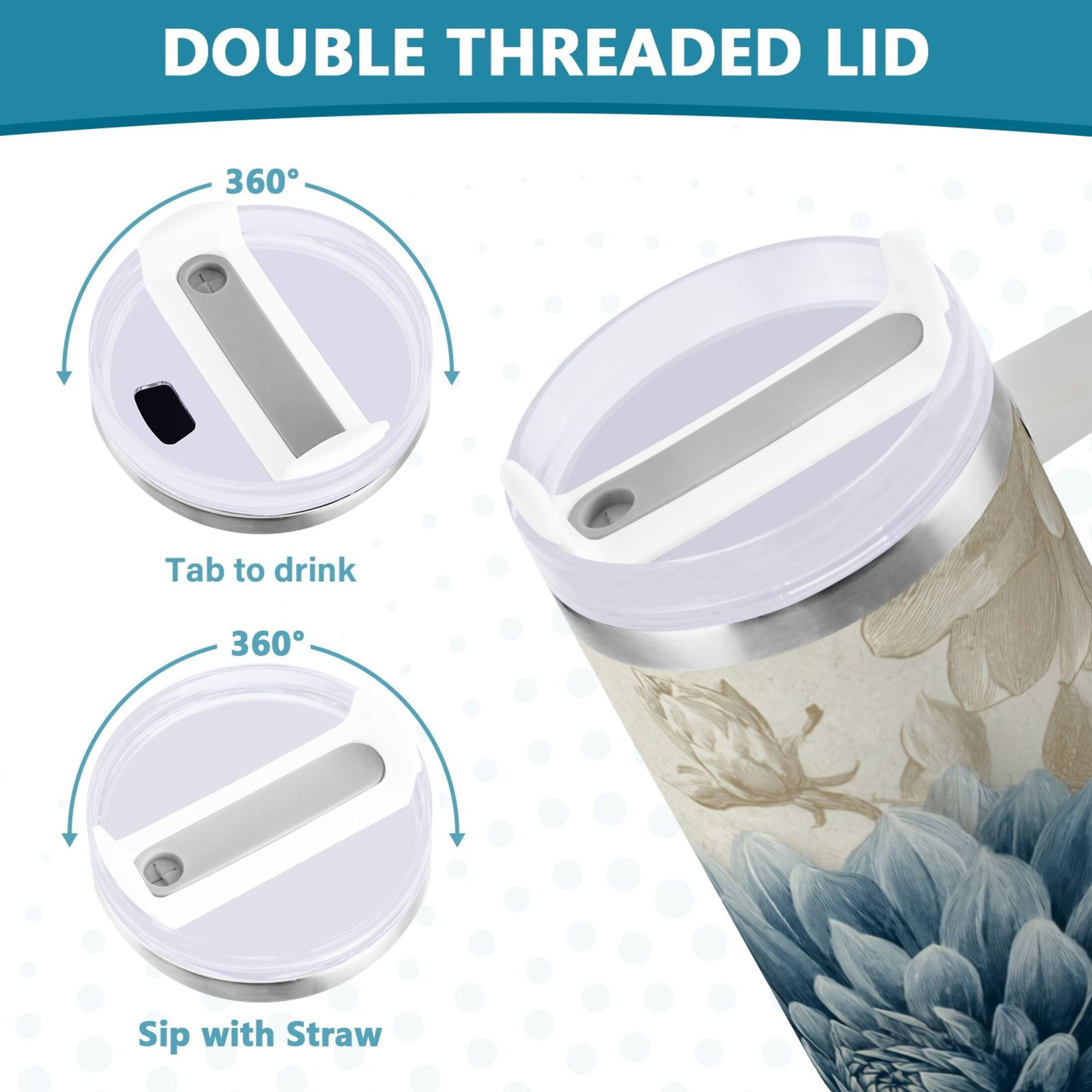 40 oz Insulated Stainless Steel Tumbler Double Wall Stainless Steel Tumbler with 2-Way Drinking Blue Flower with Butterflies PN15