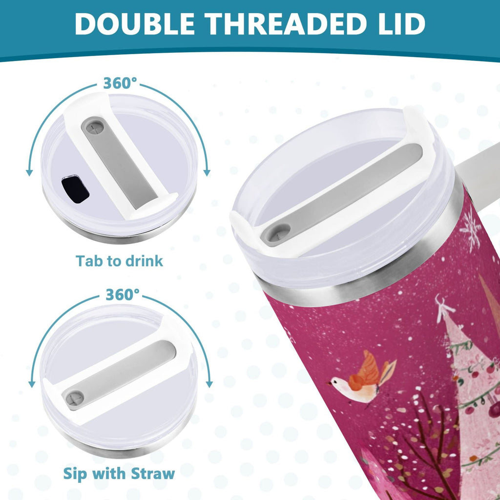 40 oz Insulated Stainless Steel Tumbler Double Wall Stainless Steel Tumbler with 2-Way Drinking Pink Christmas Forest K92E
