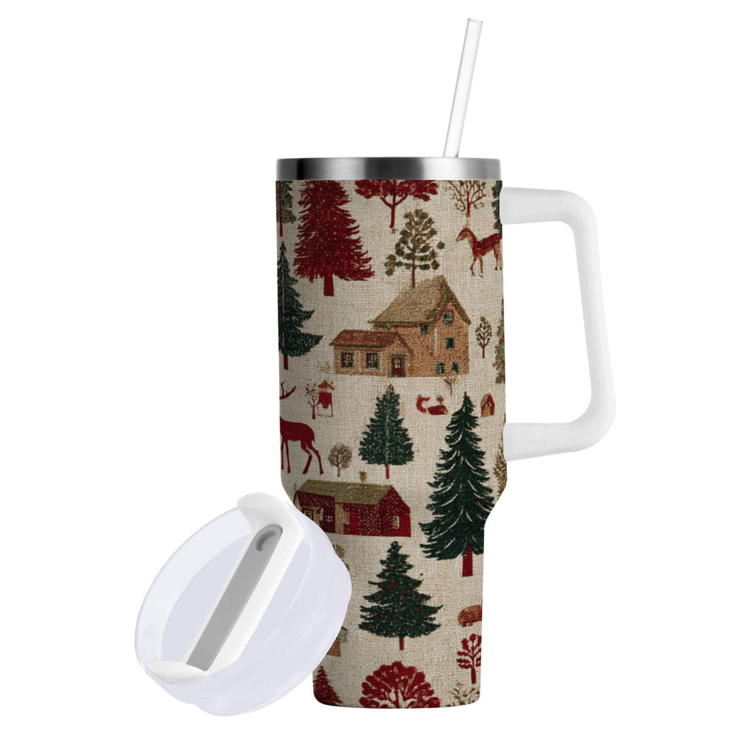 30 oz Insulated Stainless Steel Tumbler Double Wall Stainless Steel Tumbler with 2-Way Drinking Christmas Trees Deer and Houses X0JT