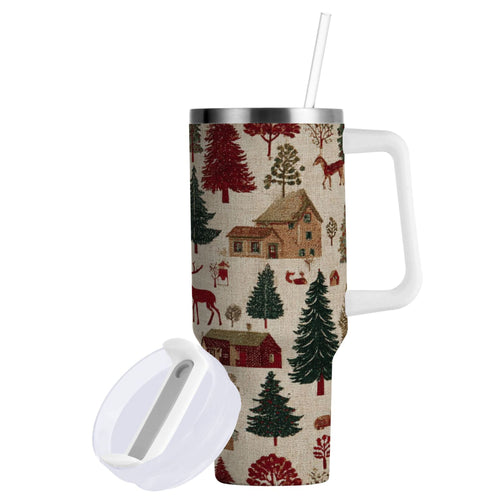 30 oz Insulated Stainless Steel Tumbler Double Wall Stainless Steel Tumbler with 2-Way Drinking Christmas Trees Deer and Houses X0JT