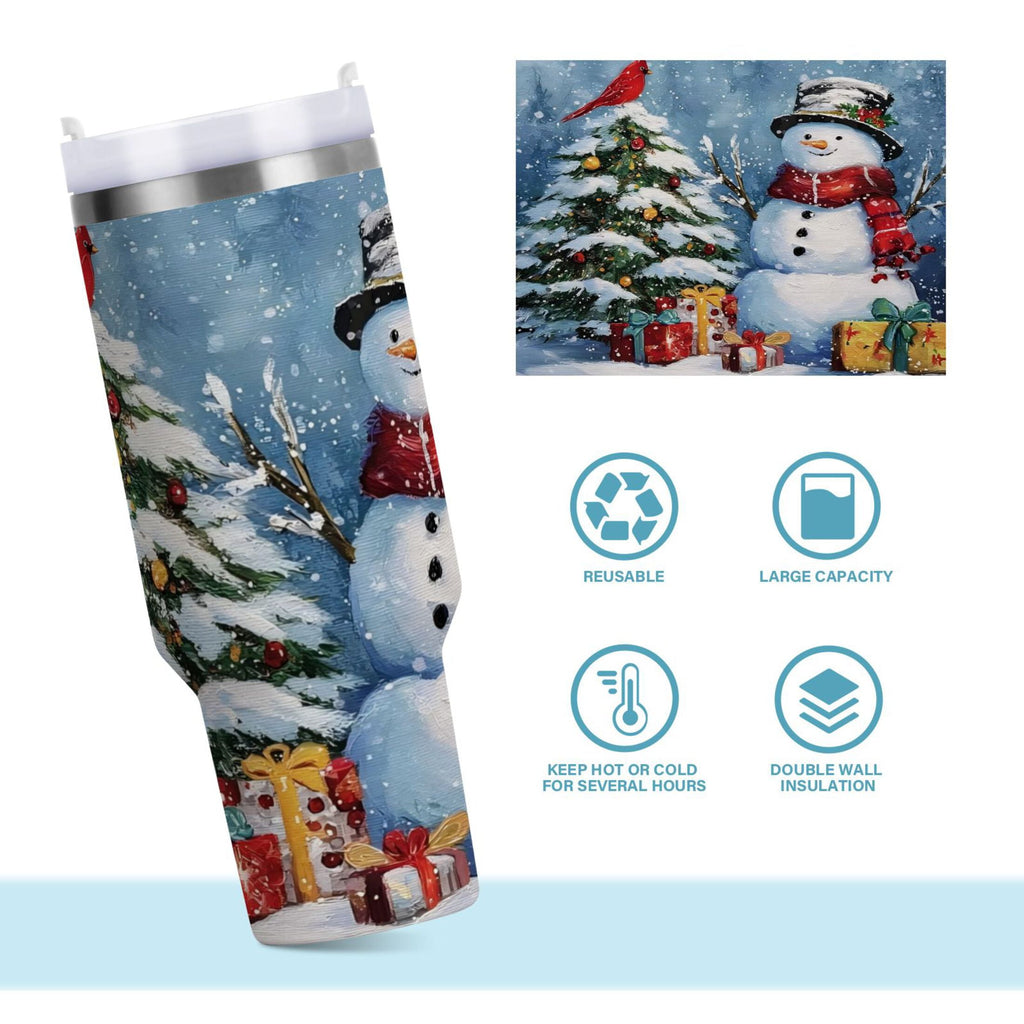 30 oz Insulated Stainless Steel Tumbler Double Wall Stainless Steel Tumbler with 2-Way Drinking Christmas Scene with Snowman QBTA