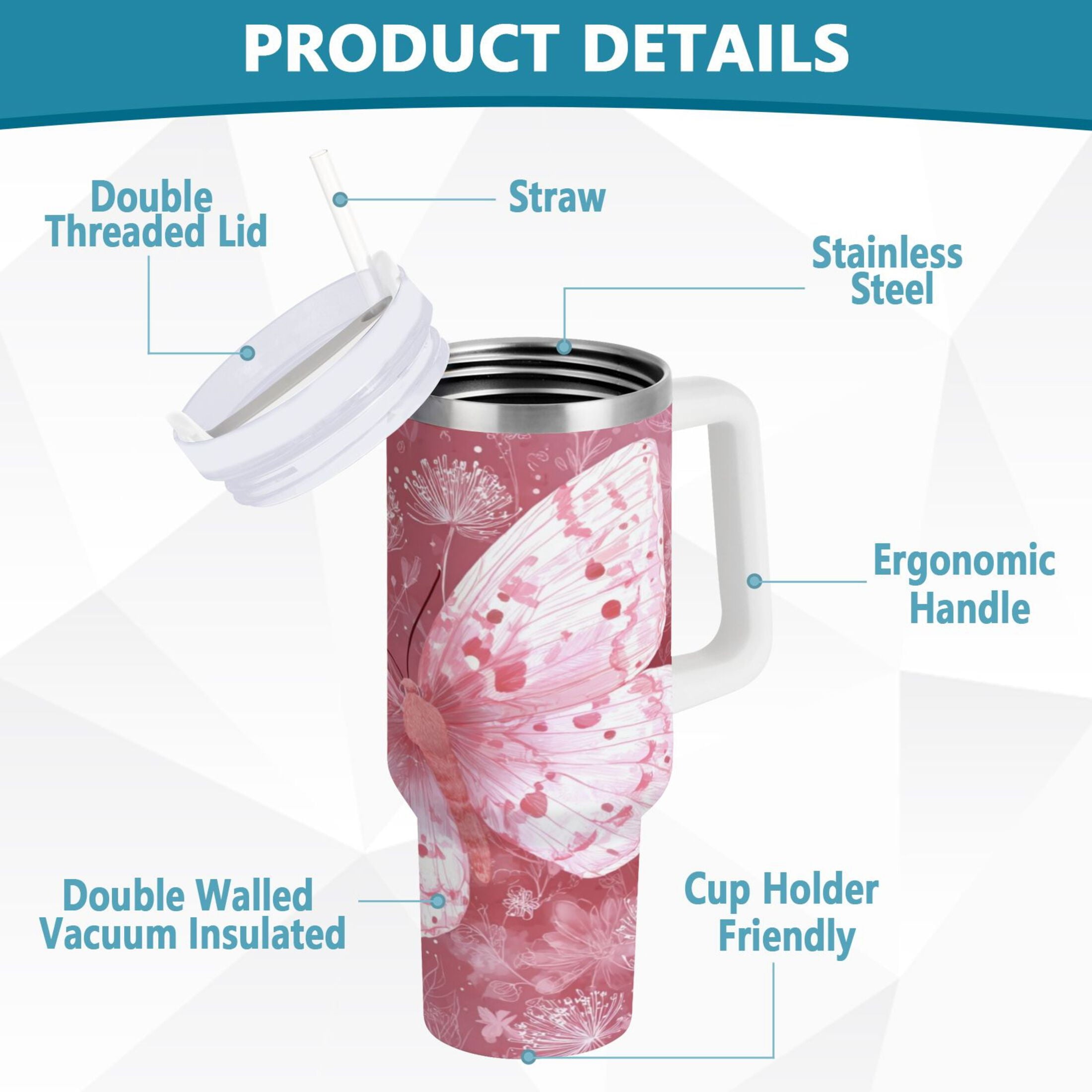 30 oz Insulated Stainless Steel Tumbler Double Wall Stainless Steel Tumbler with 2-Way Drinking Soft Pink Butterfly YX8K