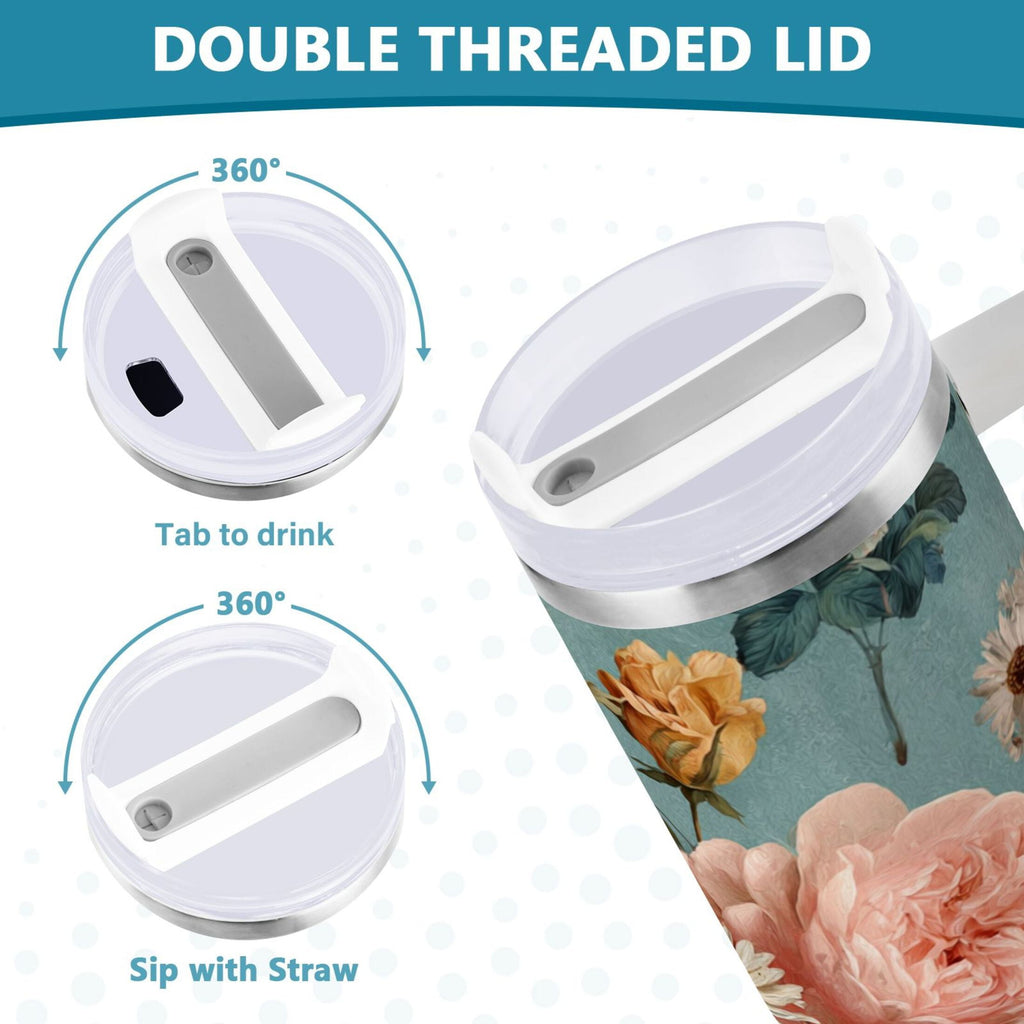 30 oz Insulated Stainless Steel Tumbler Double Wall Stainless Steel Tumbler with 2-Way Drinking Vintage Roses and Peonies OV8B