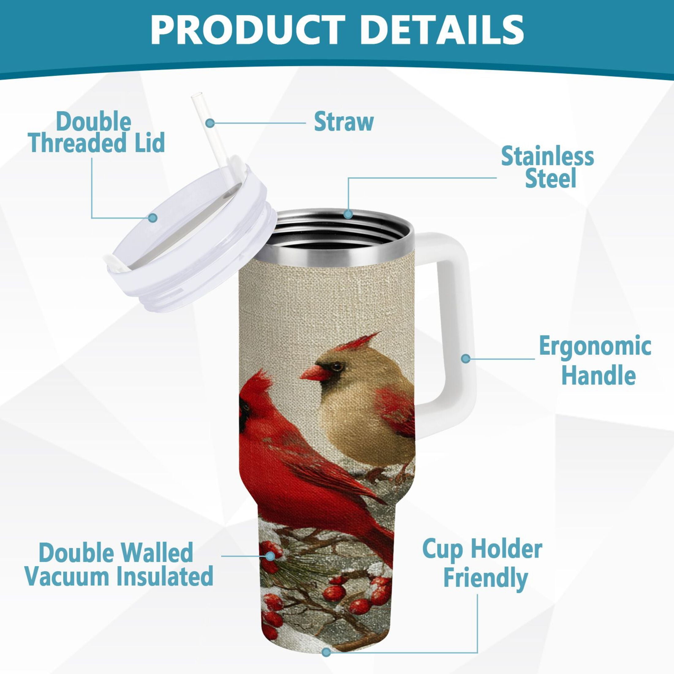 30 oz Insulated Stainless Steel Tumbler Double Wall Stainless Steel Tumbler with 2-Way Drinking Bird and Snow-covered Trees RG9C