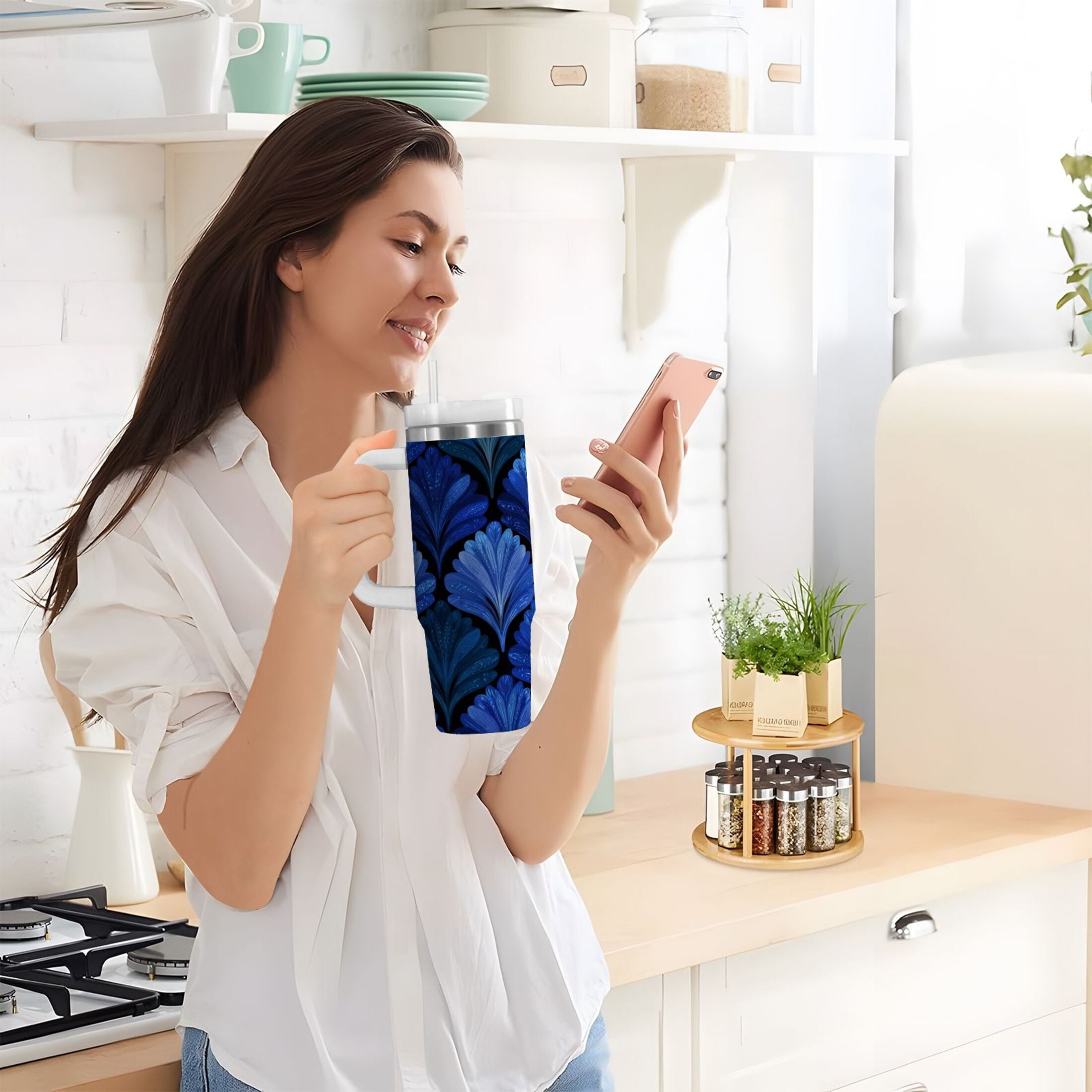 30 oz Insulated Stainless Steel Tumbler Double Wall Stainless Steel Tumbler with 2-Way Drinking Blue Batik Leaves Pattern ERED