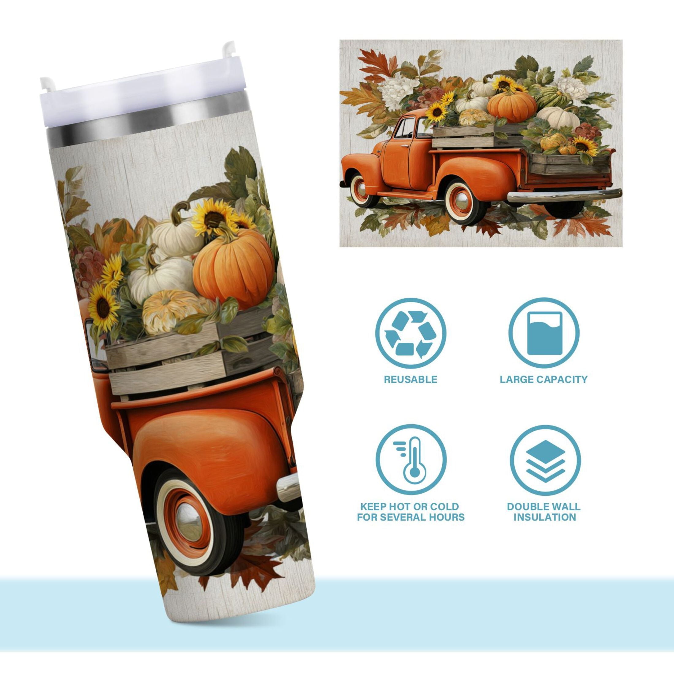 40 oz Insulated Stainless Steel Tumbler Double Wall Stainless Steel Tumbler with 2-Way Drinking Truck Full Of Pumpkins Z55Y