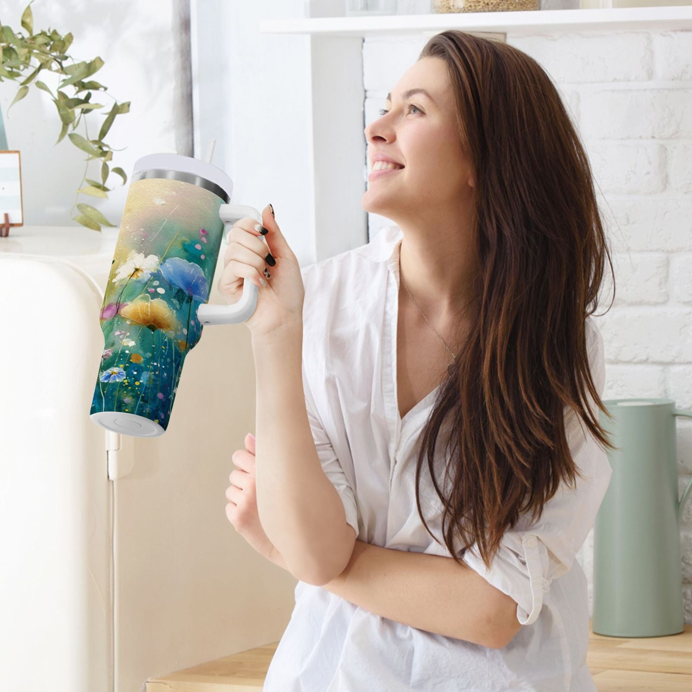 30 oz Insulated Stainless Steel Tumbler Double Wall Stainless Steel Tumbler with 2-Way Drinking Watercolor Wildflowers TQQX