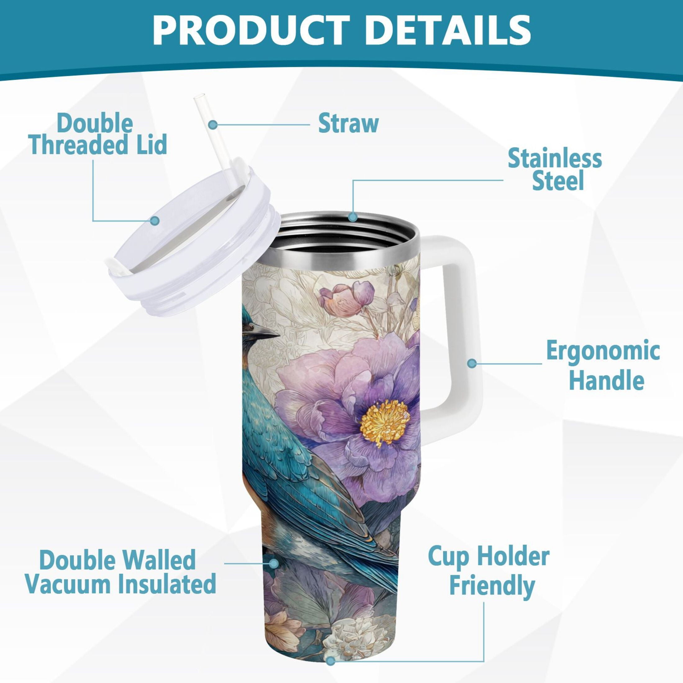 30 oz Insulated Stainless Steel Tumbler Double Wall Stainless Steel Tumbler with 2-Way Drinking Bluebird and Flower ARC5