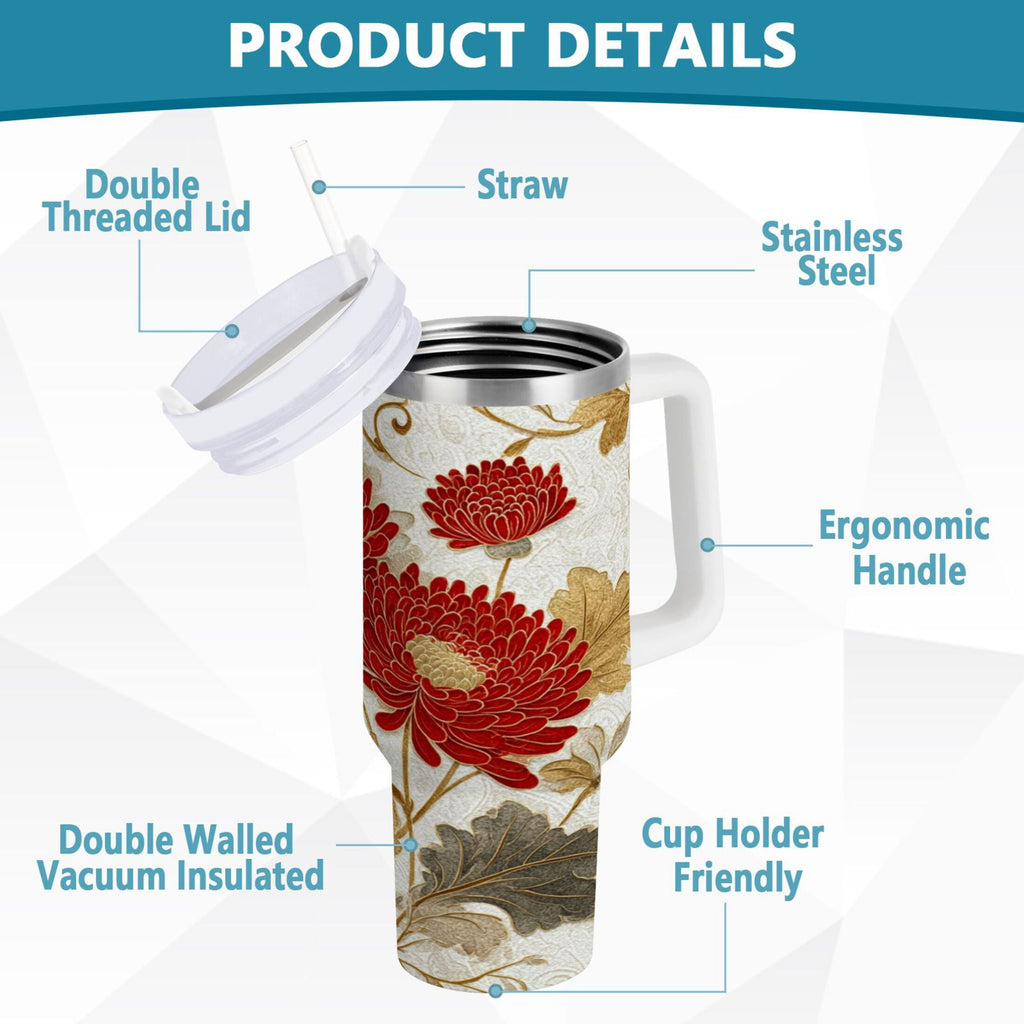 30 oz Insulated Stainless Steel Tumbler Double Wall Stainless Steel Tumbler with 2-Way Drinking Red Chrysanthemum Pattern 77N7