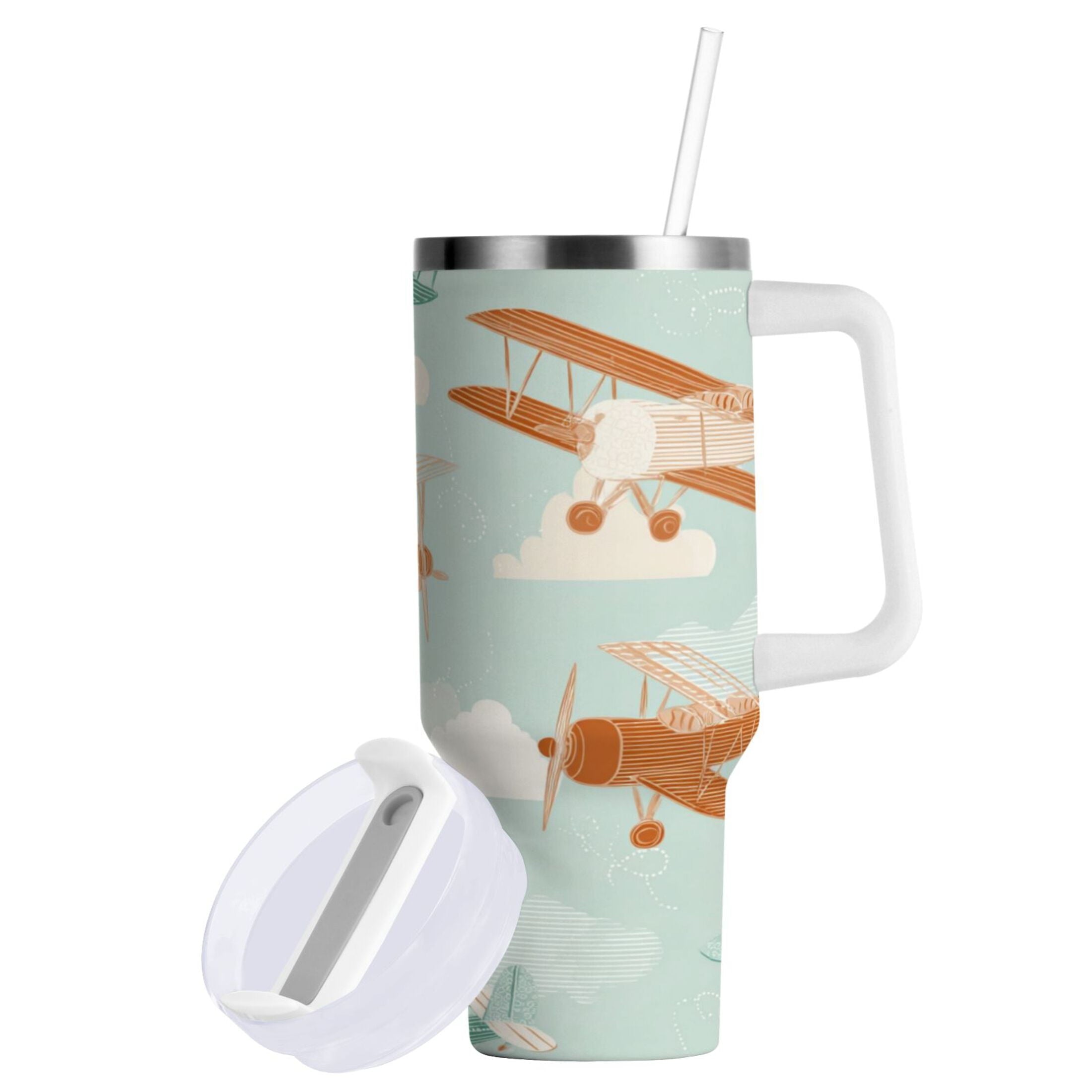 40 oz Insulated Stainless Steel Tumbler Double Wall Stainless Steel Tumbler with 2-Way Drinking Cute Airplanes D95L