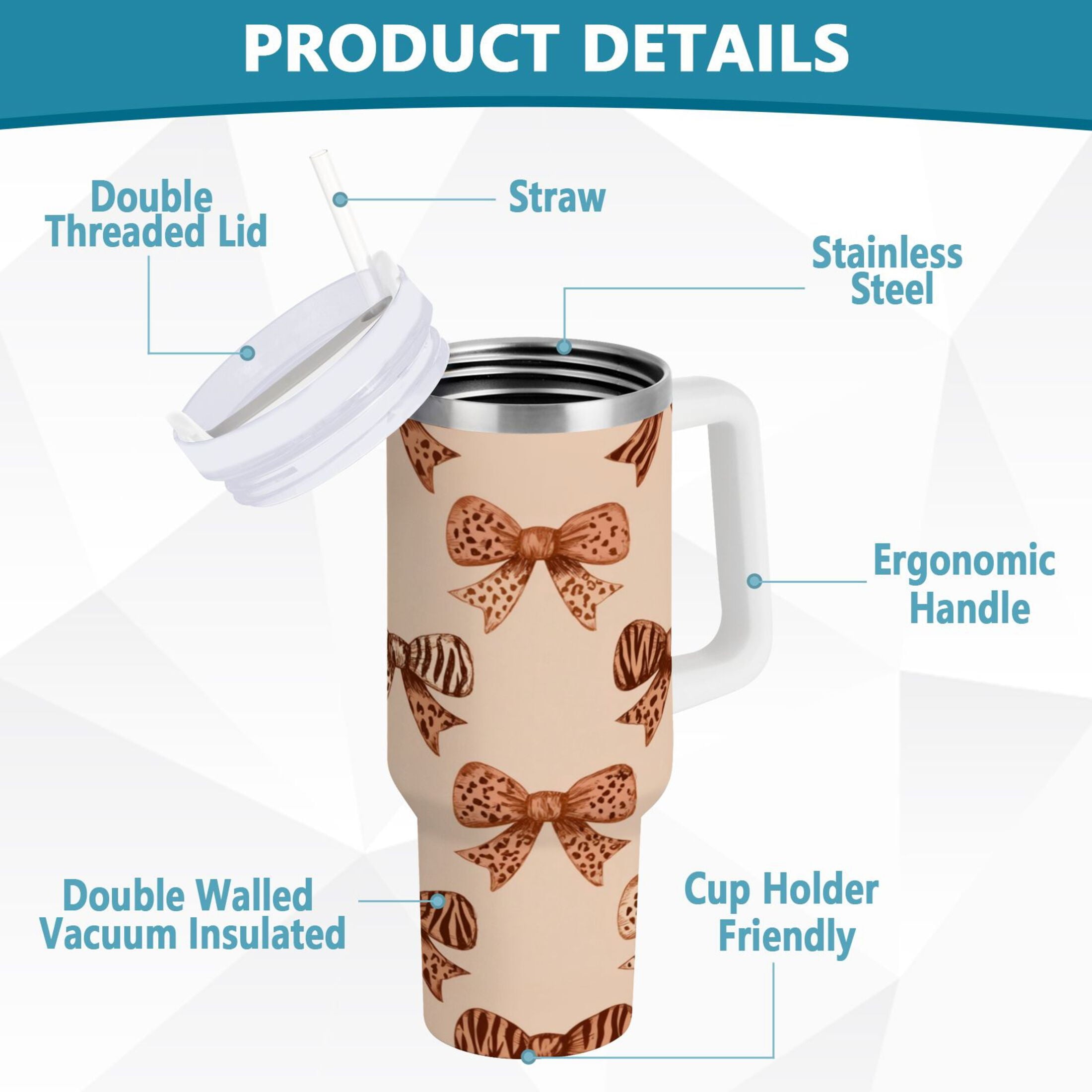 40 oz Insulated Stainless Steel Tumbler Double Wall Stainless Steel Tumbler with 2-Way Drinking Leopard Print Bow 6MEA