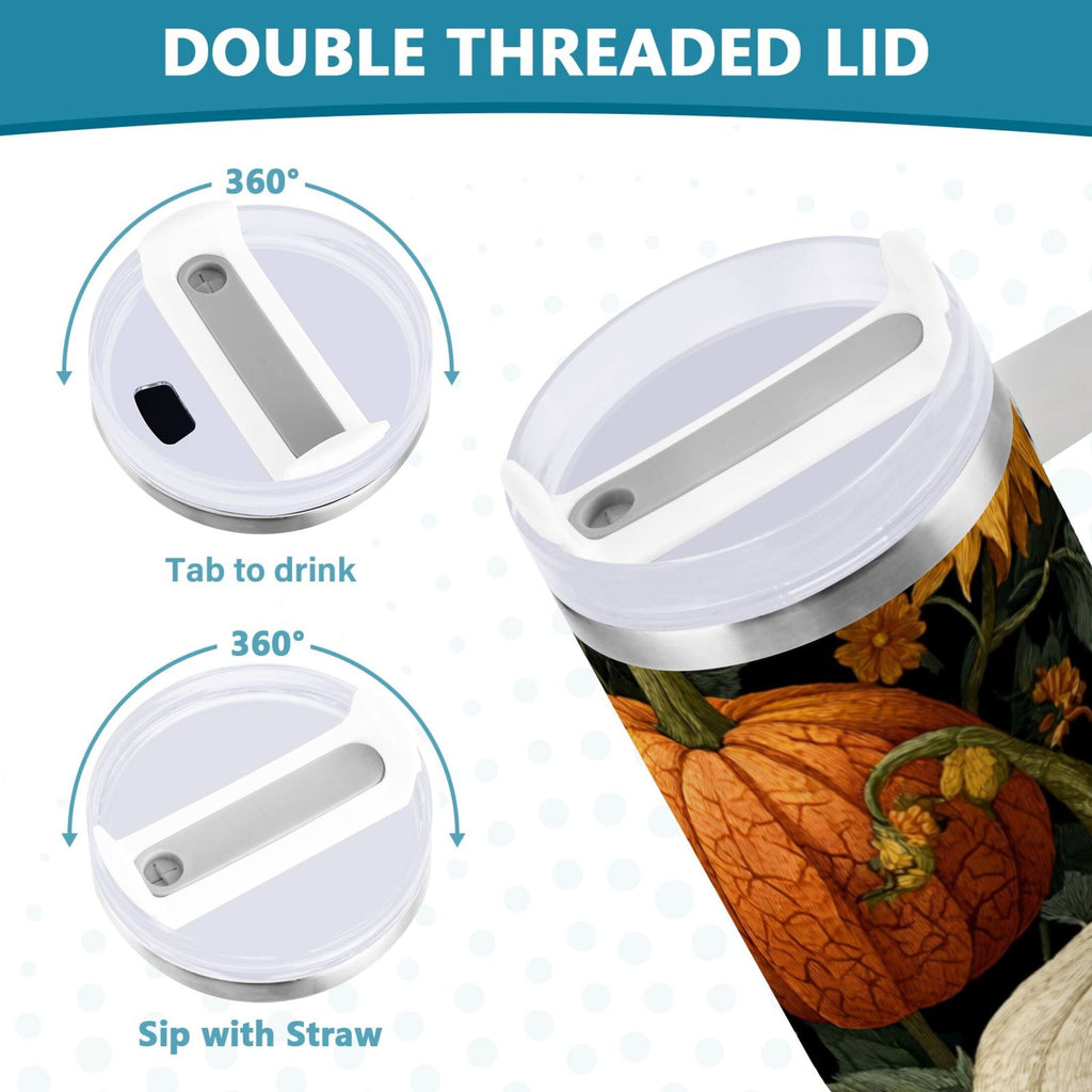 40 oz Insulated Stainless Steel Tumbler Double Wall Stainless Steel Tumbler with 2-Way Drinking Pumpkins and Sunflowers Pattern M2I1