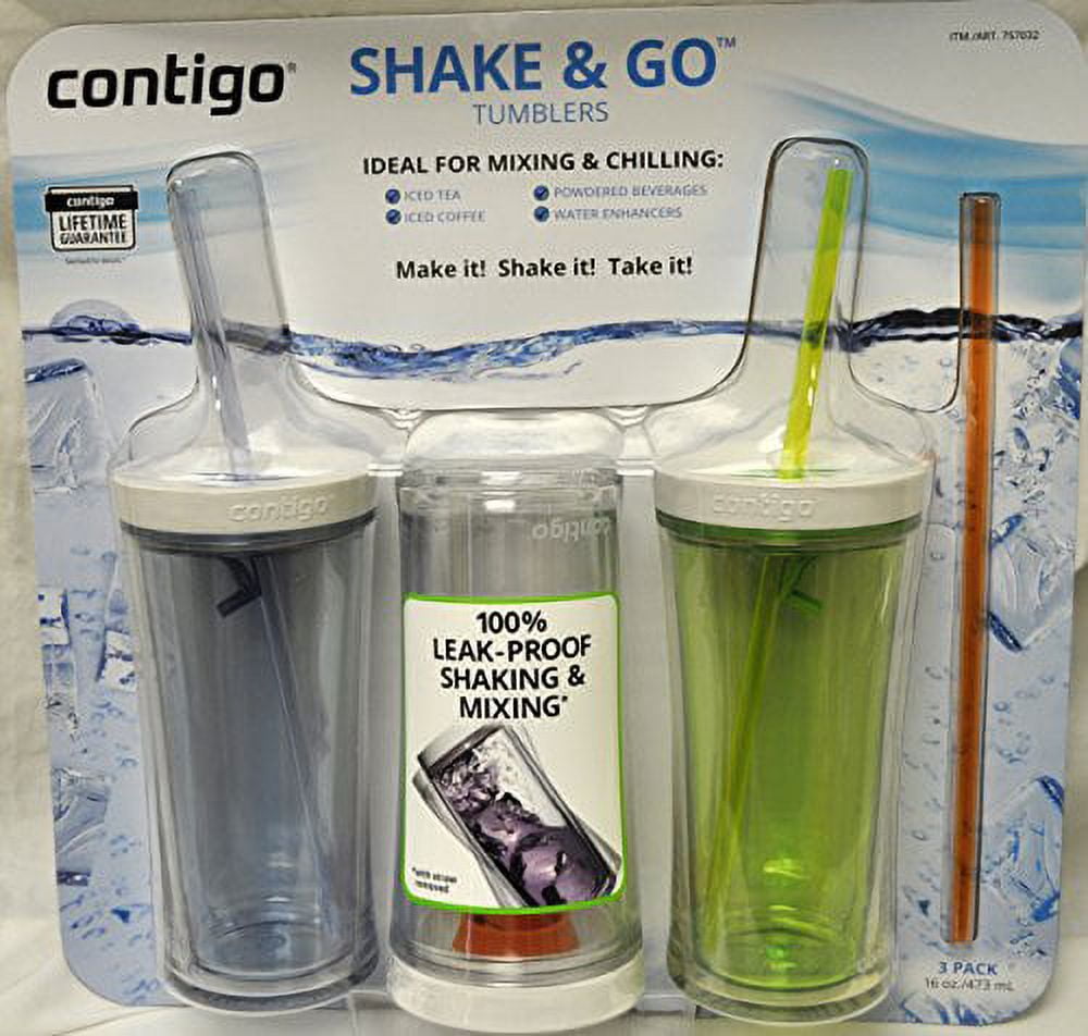 Contigo Shake &amp; Go Plastic Tumblers - Set of 3 (Green Navy &amp; Clear) JLVZ