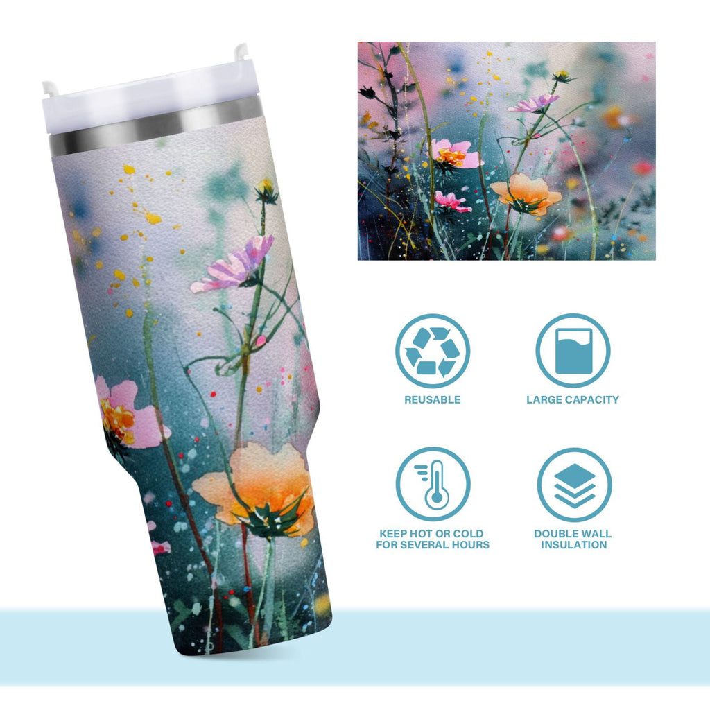 40 oz Insulated Stainless Steel Tumbler Double Wall Stainless Steel Tumbler with 2-Way Drinking Abstract Wildflowers 1CT7