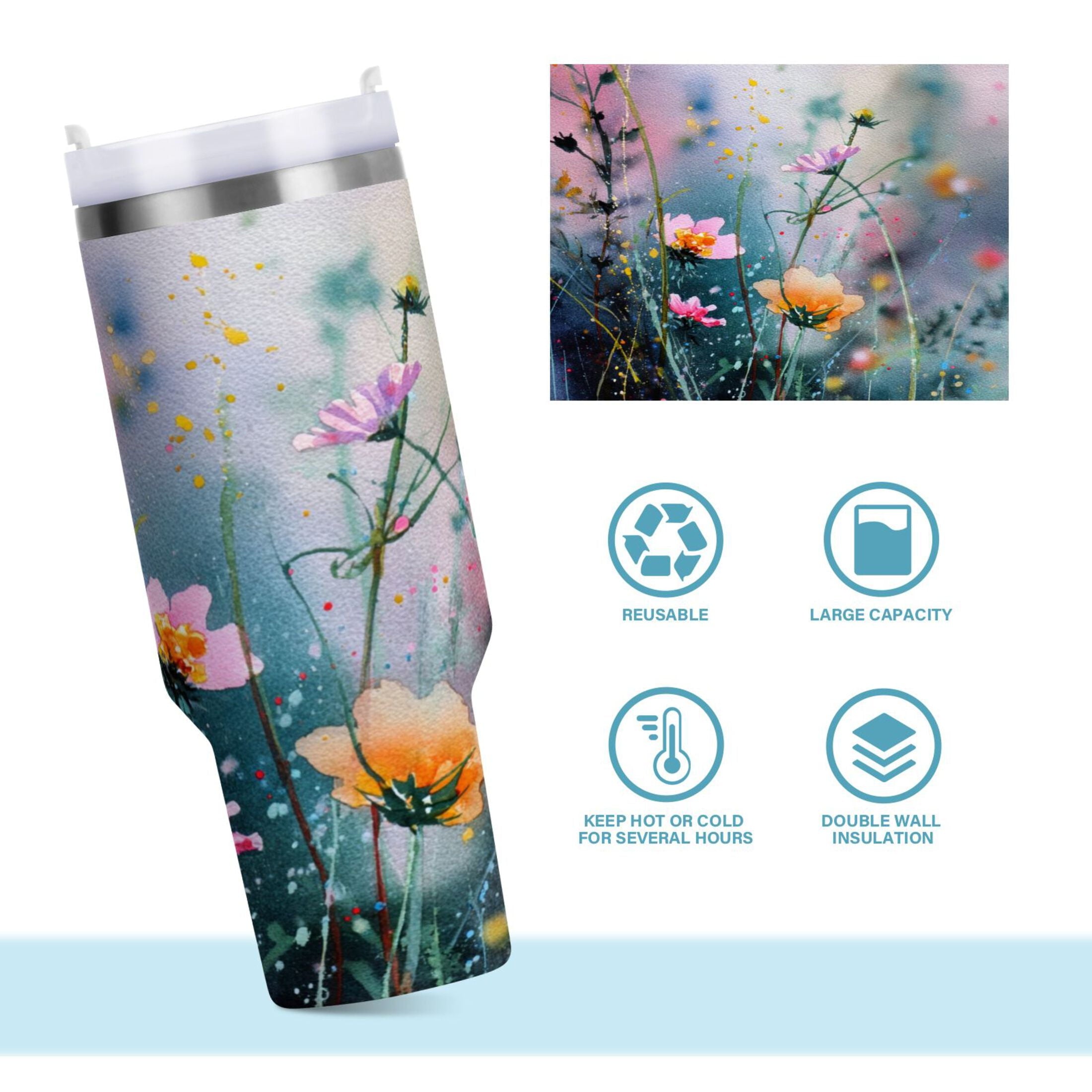 40 oz Insulated Stainless Steel Tumbler Double Wall Stainless Steel Tumbler with 2-Way Drinking Abstract Wildflowers 1CT7