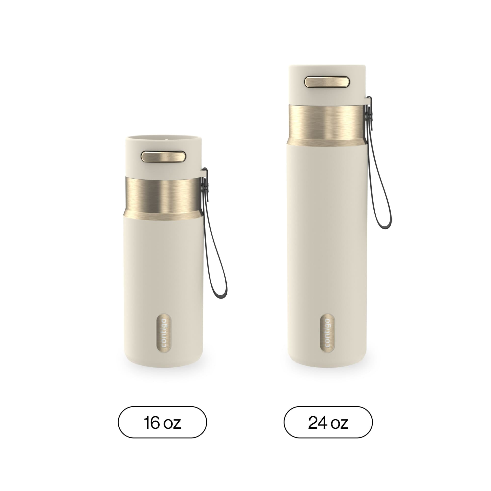 Contigo AutoSeal Leakproof Stainless Steel Reusable Water Bottle Tumbler with Carrying Strap, Cream/Champagne, 24 oz JVD0