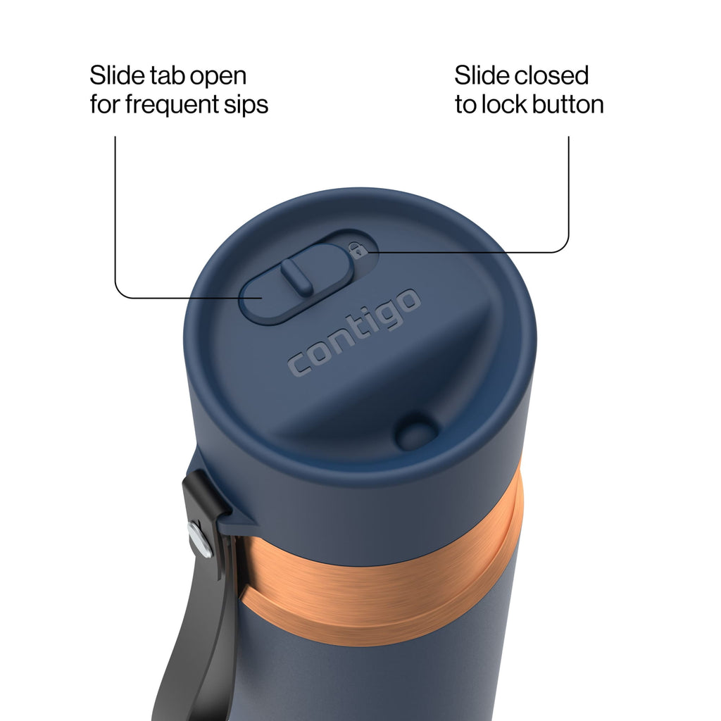 Contigo AutoSeal Leakproof Stainless Steel Reusable Water Bottle Tumbler with Carrying Strap, Cream/Champagne, 24 oz JVD0