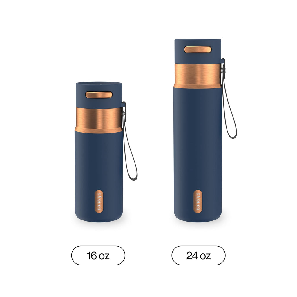 Contigo AutoSeal Leakproof Stainless Steel Reusable Water Bottle Tumbler with Carrying Strap, Cream/Champagne, 24 oz JVD0
