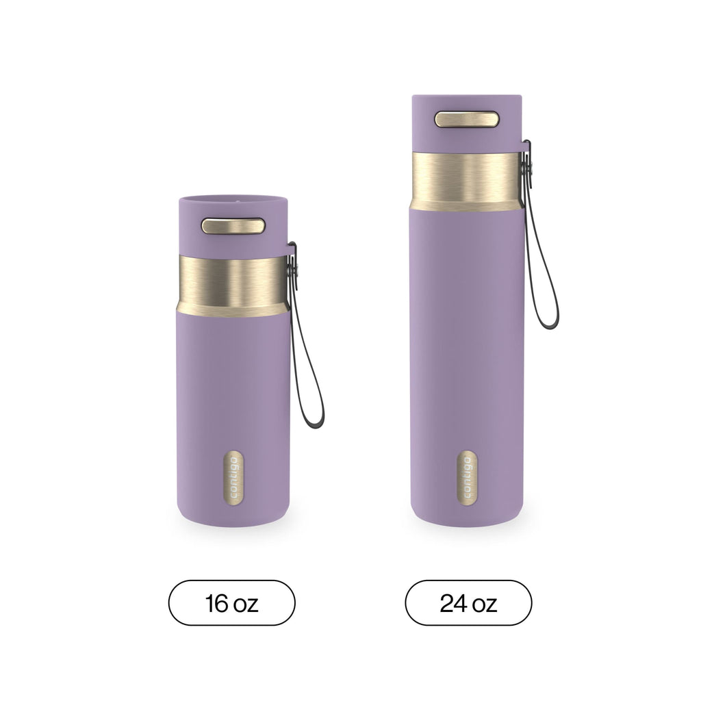 Contigo AutoSeal Leakproof Stainless Steel Reusable Water Bottle Tumbler with Carrying Strap, Cream/Champagne, 24 oz JVD0