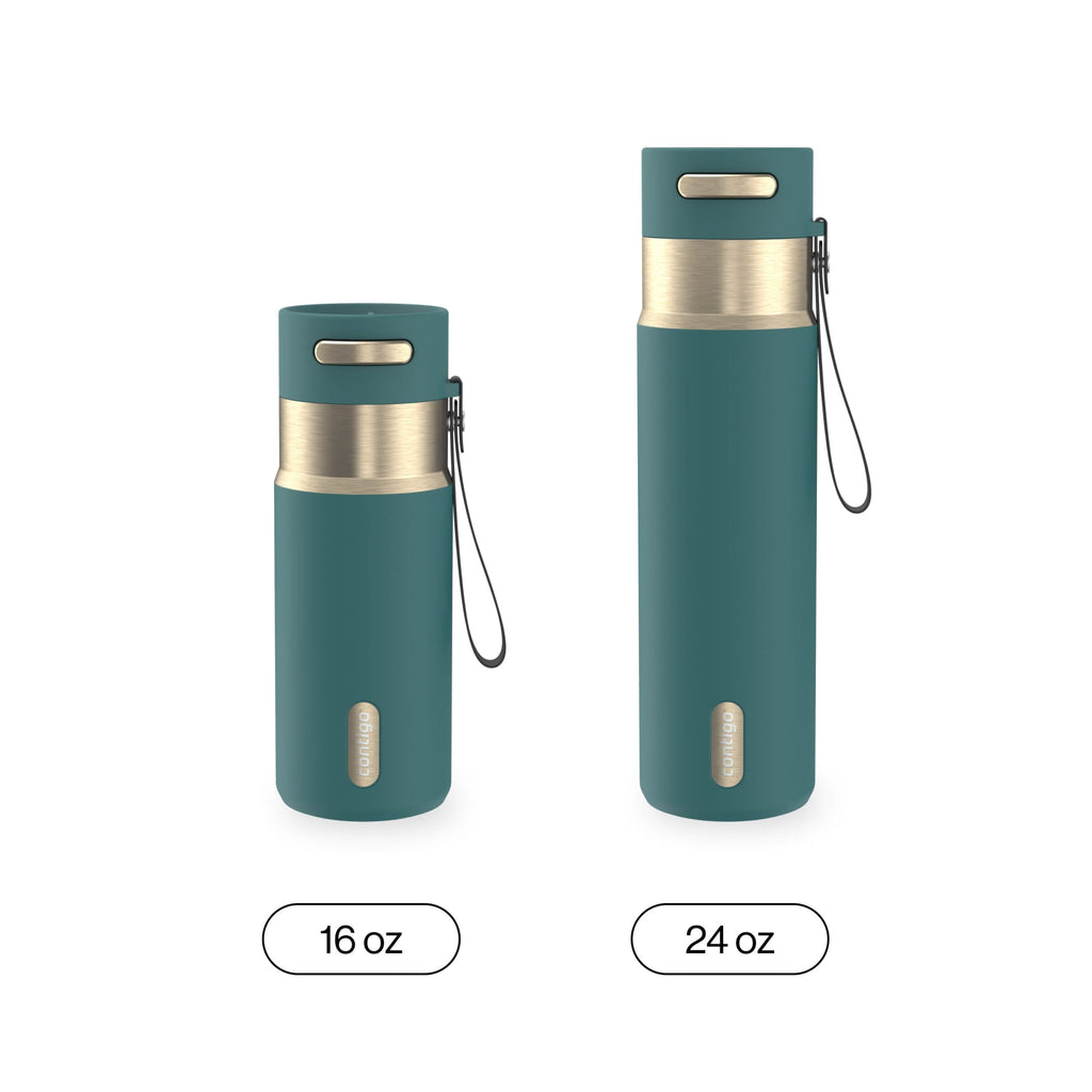 Contigo AutoSeal Leakproof Stainless Steel Reusable Water Bottle Tumbler with Carrying Strap, Cream/Champagne, 24 oz JVD0
