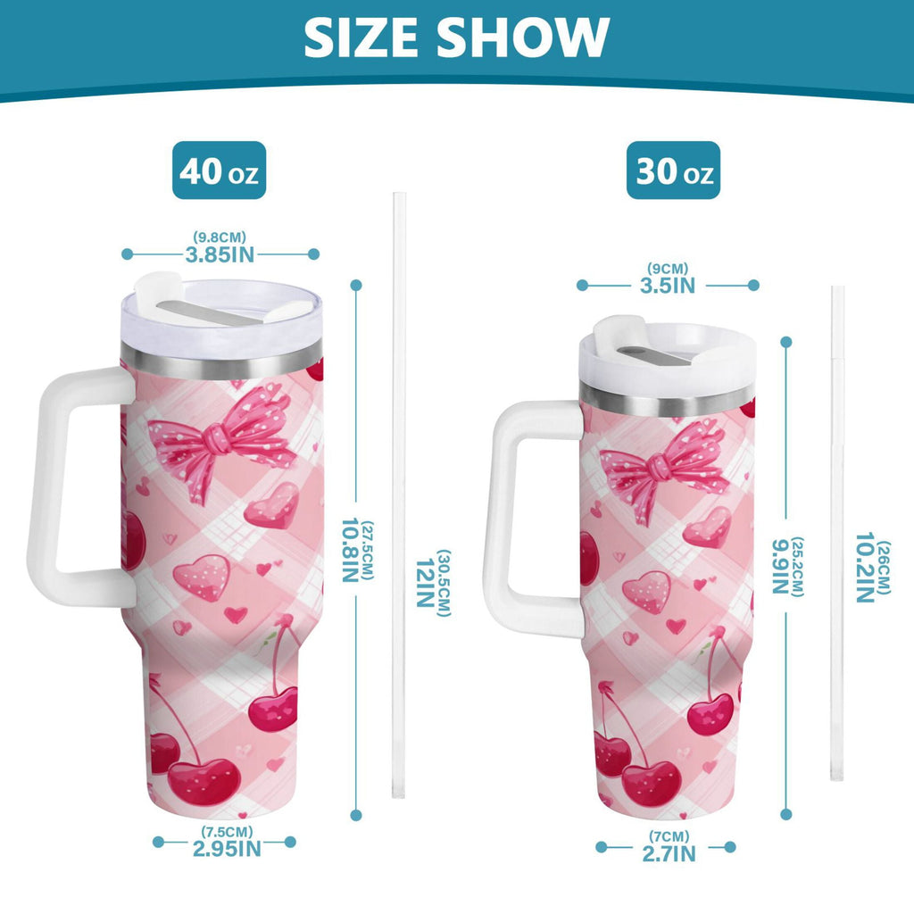 30 oz Insulated Stainless Steel Tumbler Double Wall Stainless Steel Tumbler with 2-Way Drinking Cherry and Pink Bow Pattern 25W8