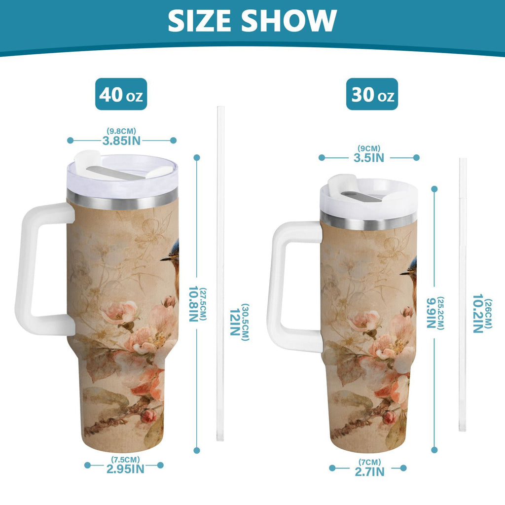 40 oz Insulated Stainless Steel Tumbler Double Wall Stainless Steel Tumbler with 2-Way Drinking Bluebird and Ancient Flowers R84G