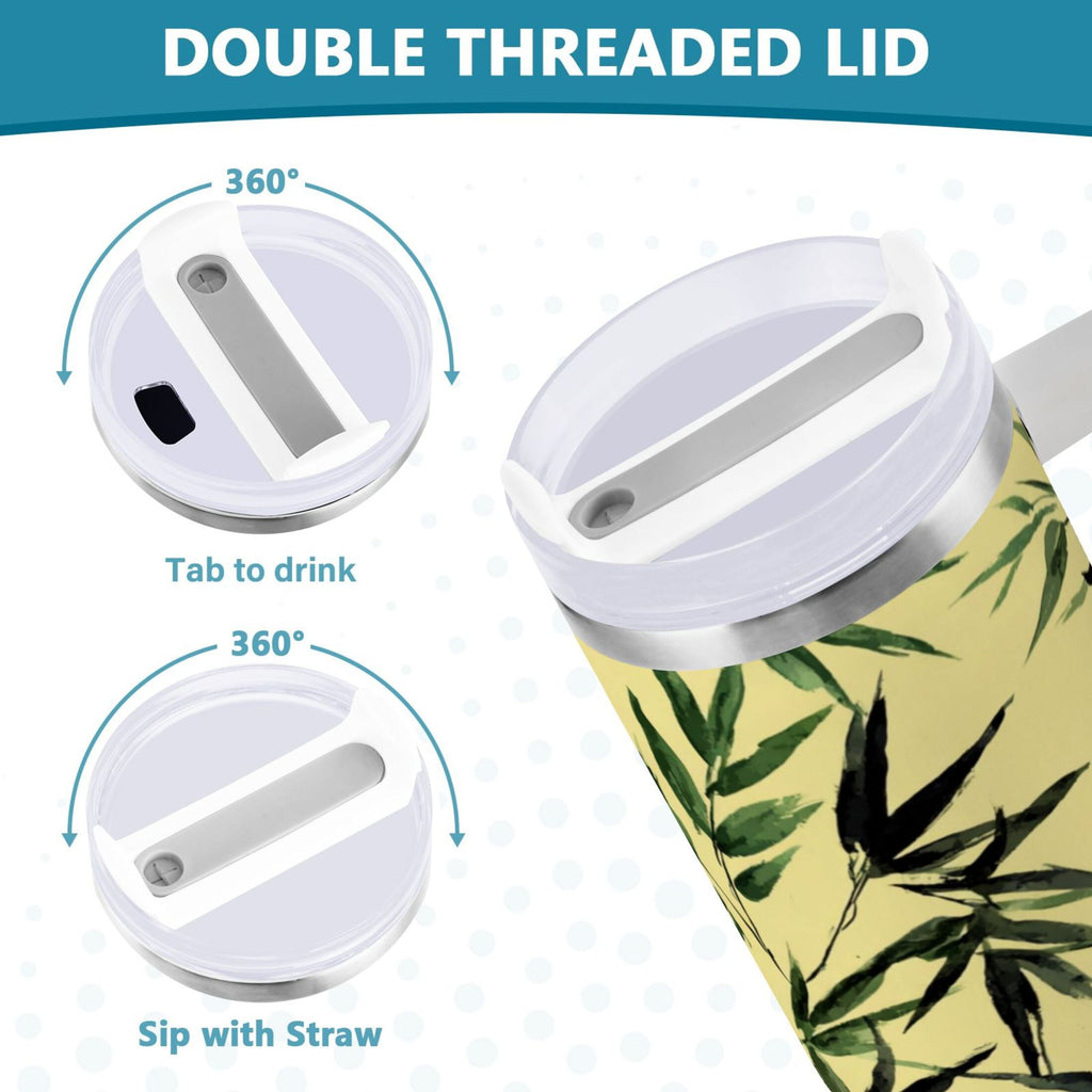 30 oz Insulated Stainless Steel Tumbler Double Wall Stainless Steel Tumbler with 2-Way Drinking Bamboo and Green Leaves ZJUZ