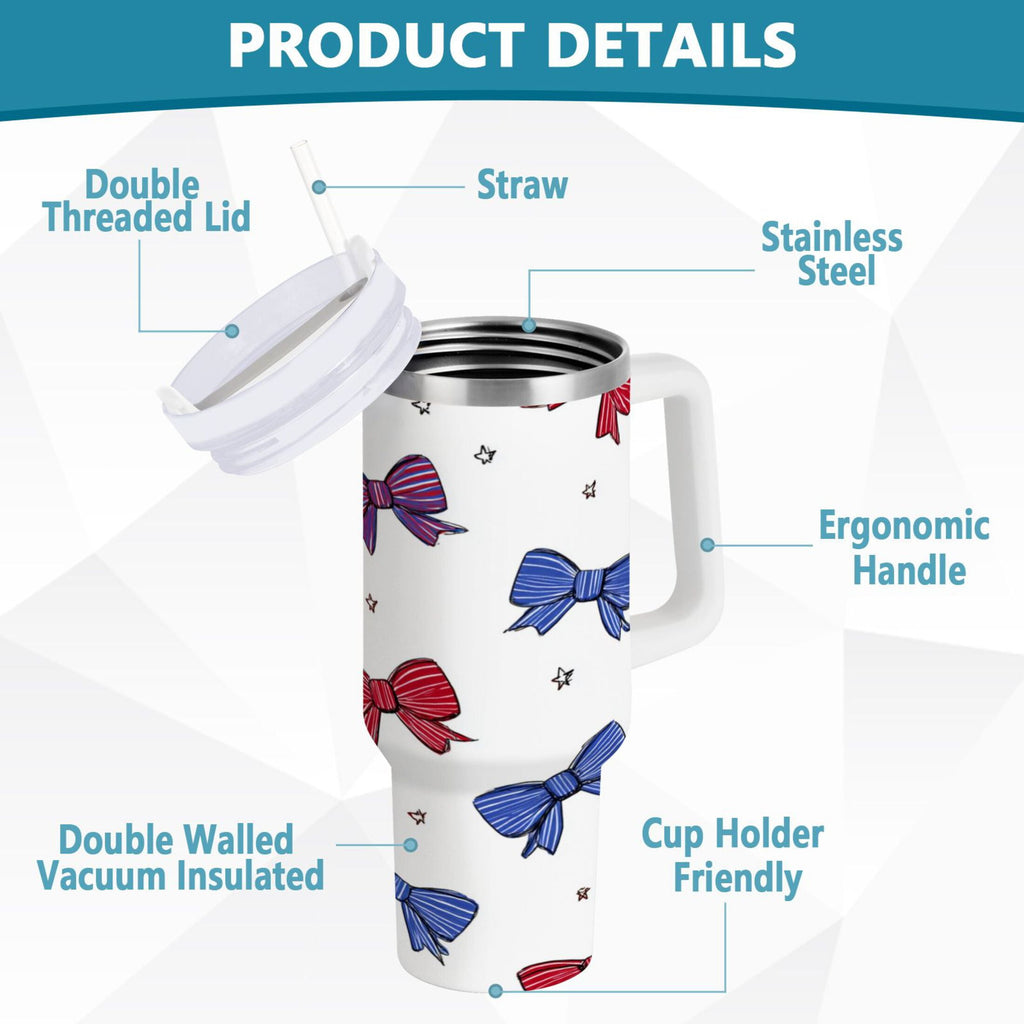 30 oz Insulated Stainless Steel Tumbler Double Wall Stainless Steel Tumbler with 2-Way Drinking Red and Blue Stripe Bows F3BC