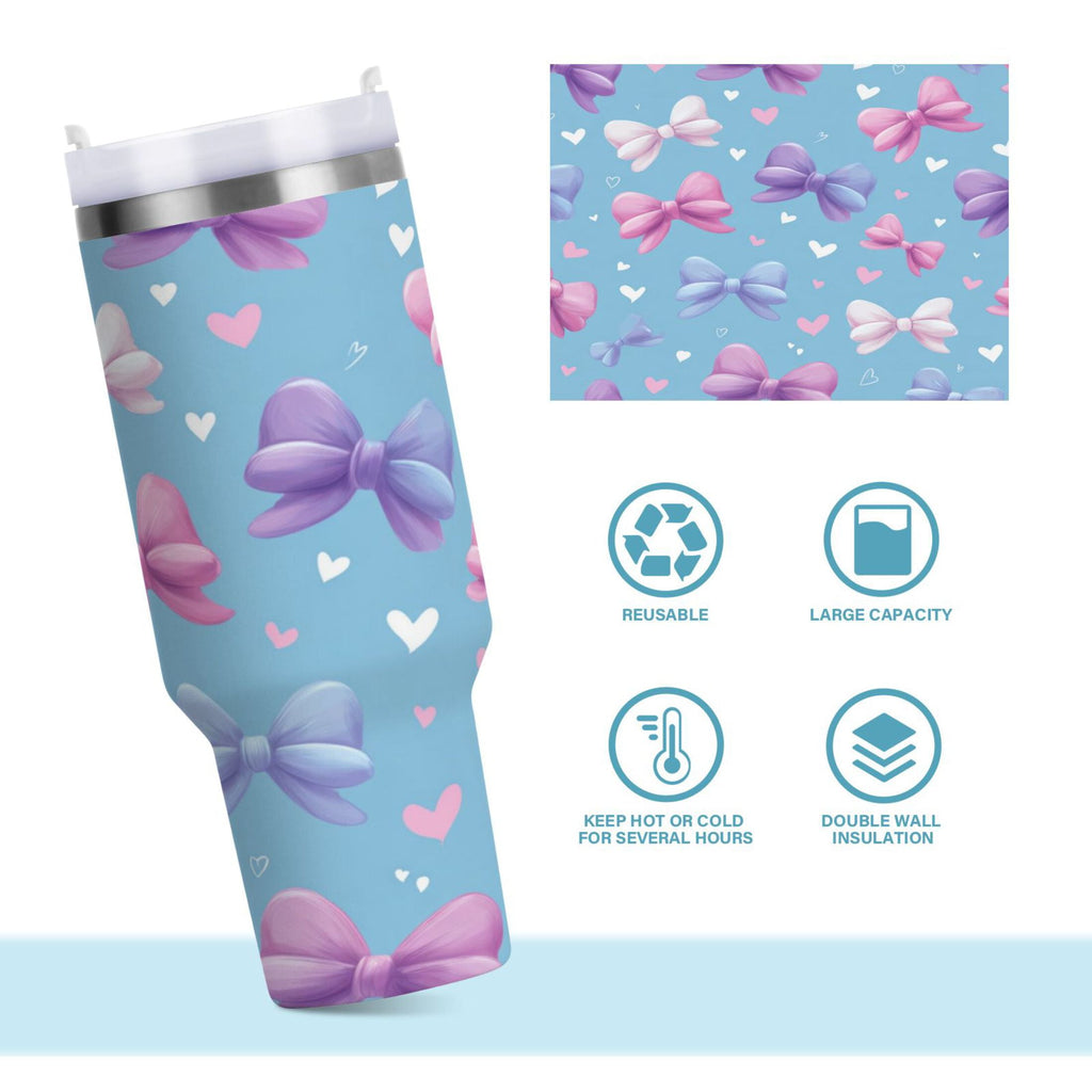 30 oz Insulated Stainless Steel Tumbler Double Wall Stainless Steel Tumbler with 2-Way Drinking Pink and Purple Bows 2NBM