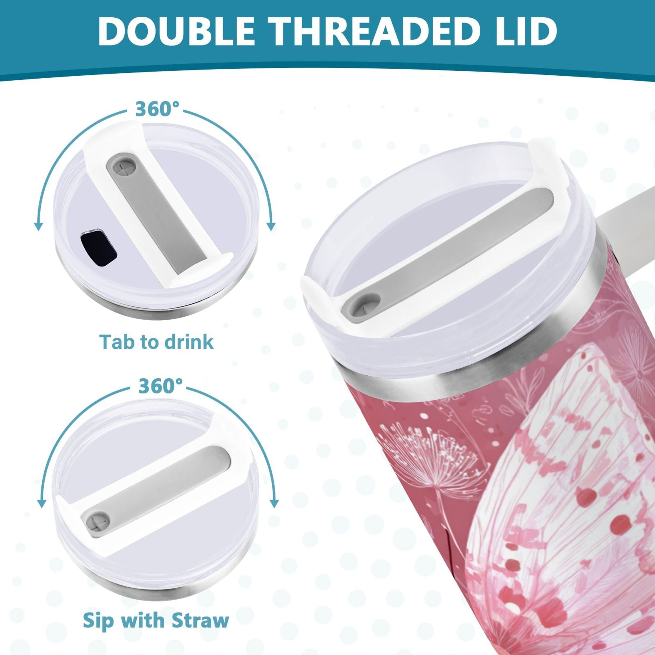 30 oz Insulated Stainless Steel Tumbler Double Wall Stainless Steel Tumbler with 2-Way Drinking Soft Pink Butterfly YX8K