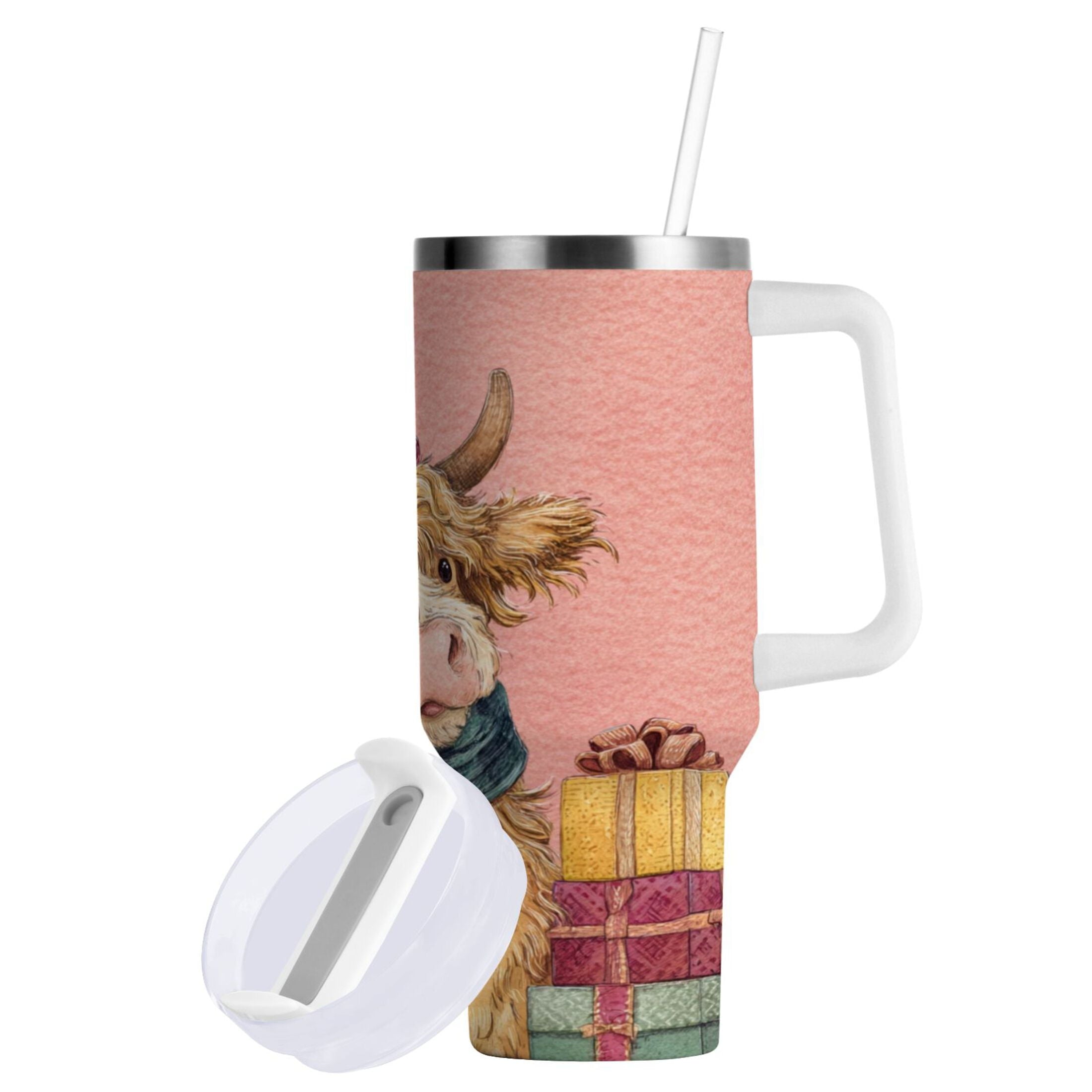 30 oz Insulated Stainless Steel Tumbler Double Wall Stainless Steel Tumbler with 2-Way Drinking Cow Wearing Scarf and Hat EA6T