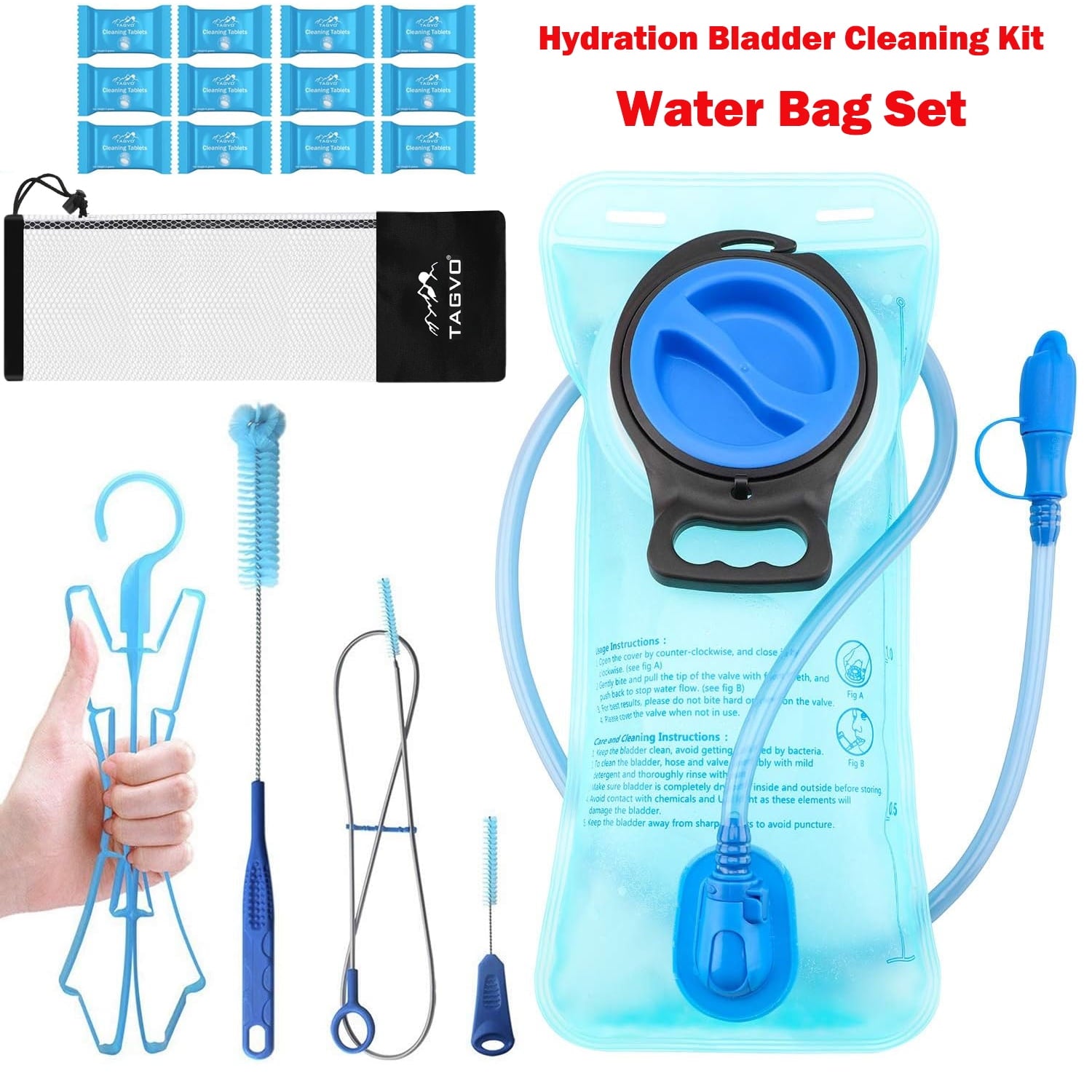 TAGVO Hydration Bladder 2 Liter BPA Free 70oz + Cleaning Brushes Kit, Leakproof Water Bladder Travel Reservoir Hydration Bag, Easy Cleaning by 3 Brushes and Air Drying by Collapsible Frame GVMQ
