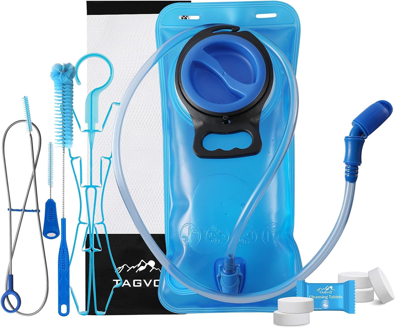 TAGVO Hydration Bladder 2 Liter BPA Free 70oz + Cleaning Brushes Kit, Leakproof Water Bladder Travel Reservoir Hydration Bag, Easy Cleaning by 3 Brushes and Air Drying by Collapsible Frame GVMQ
