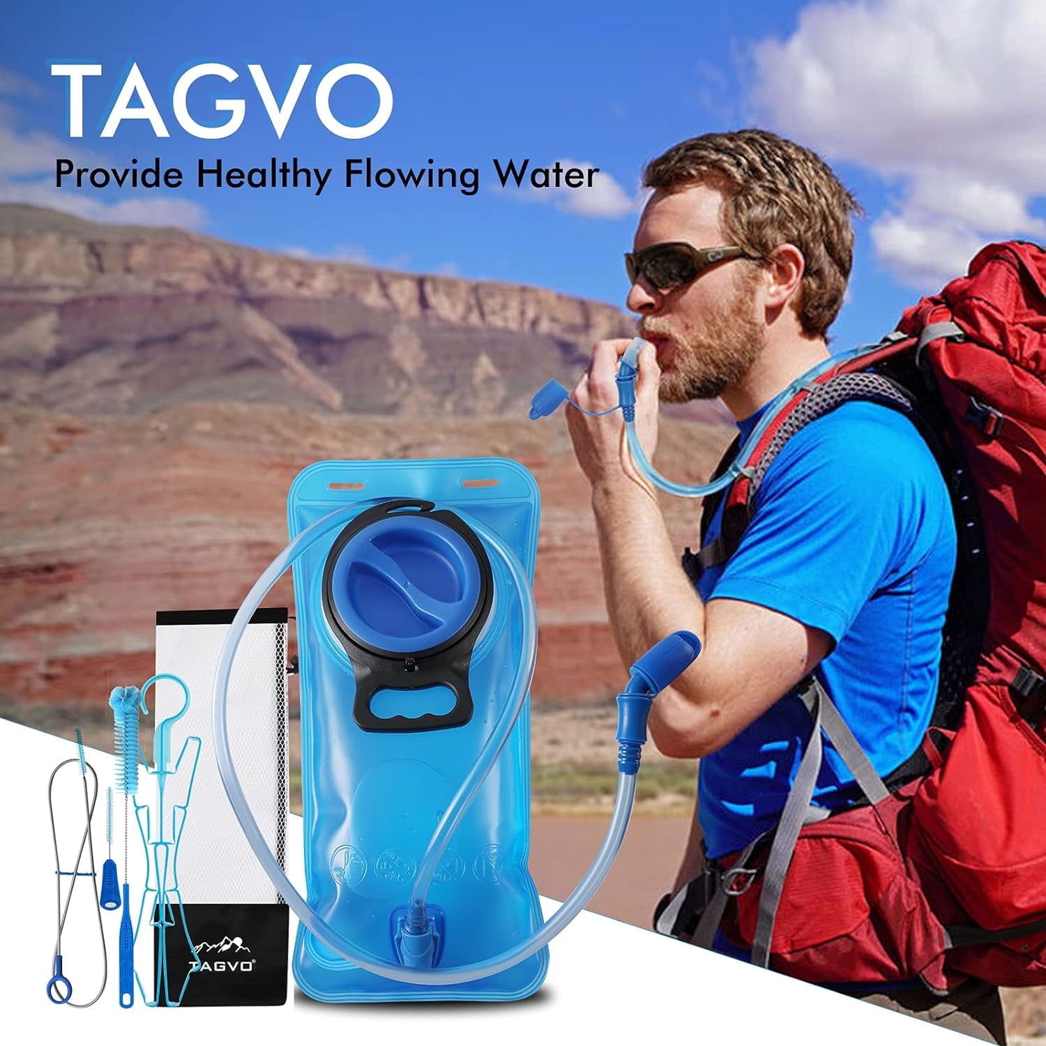 TAGVO Hydration Bladder 2 Liter BPA Free 70oz + Cleaning Brushes Kit, Leakproof Water Bladder Travel Reservoir Hydration Bag, Easy Cleaning by 3 Brushes and Air Drying by Collapsible Frame GVMQ