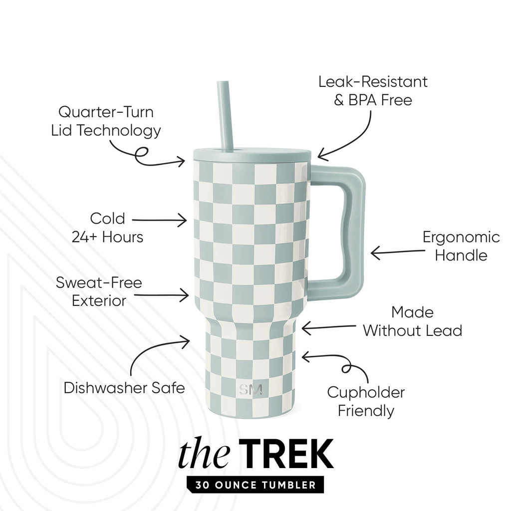 Simple Modern 30 fl oz Insulated Stainless Steel Trek Tumbler with Straw Lid | Seaglass Sage and Cream Checkmate 23VN