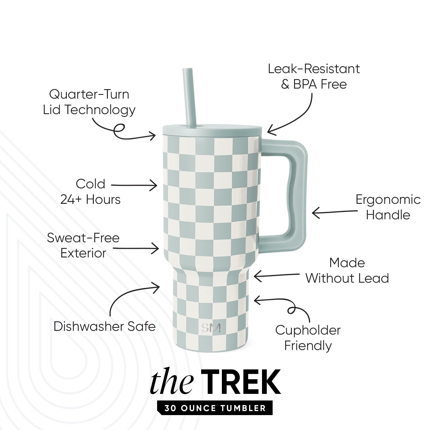 Simple Modern 30 fl oz Insulated Stainless Steel Trek Tumbler with Straw Lid | Seaglass Sage and Cream Checkmate 23VN