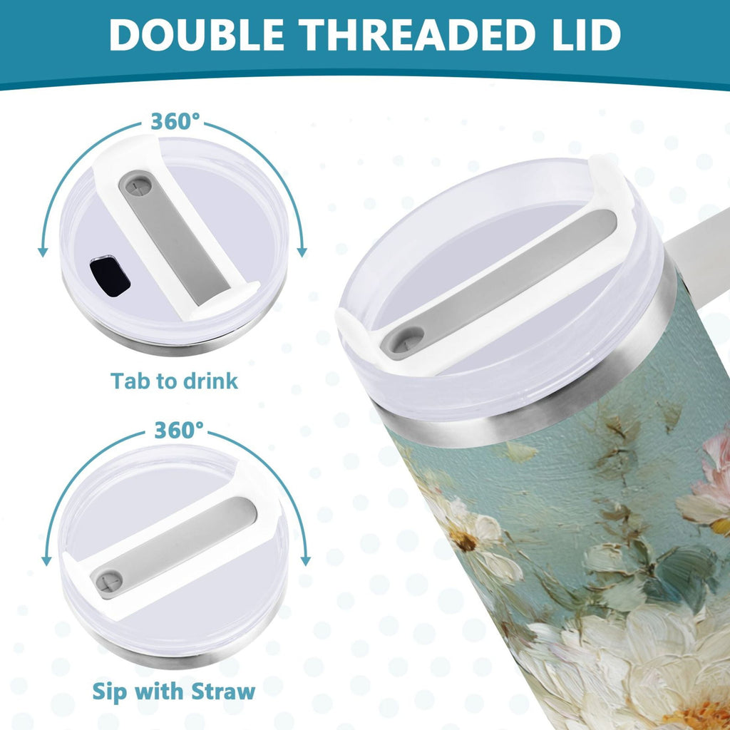 40 oz Insulated Stainless Steel Tumbler Double Wall Stainless Steel Tumbler with 2-Way Drinking Vintage Peonies and Daisies WT8H