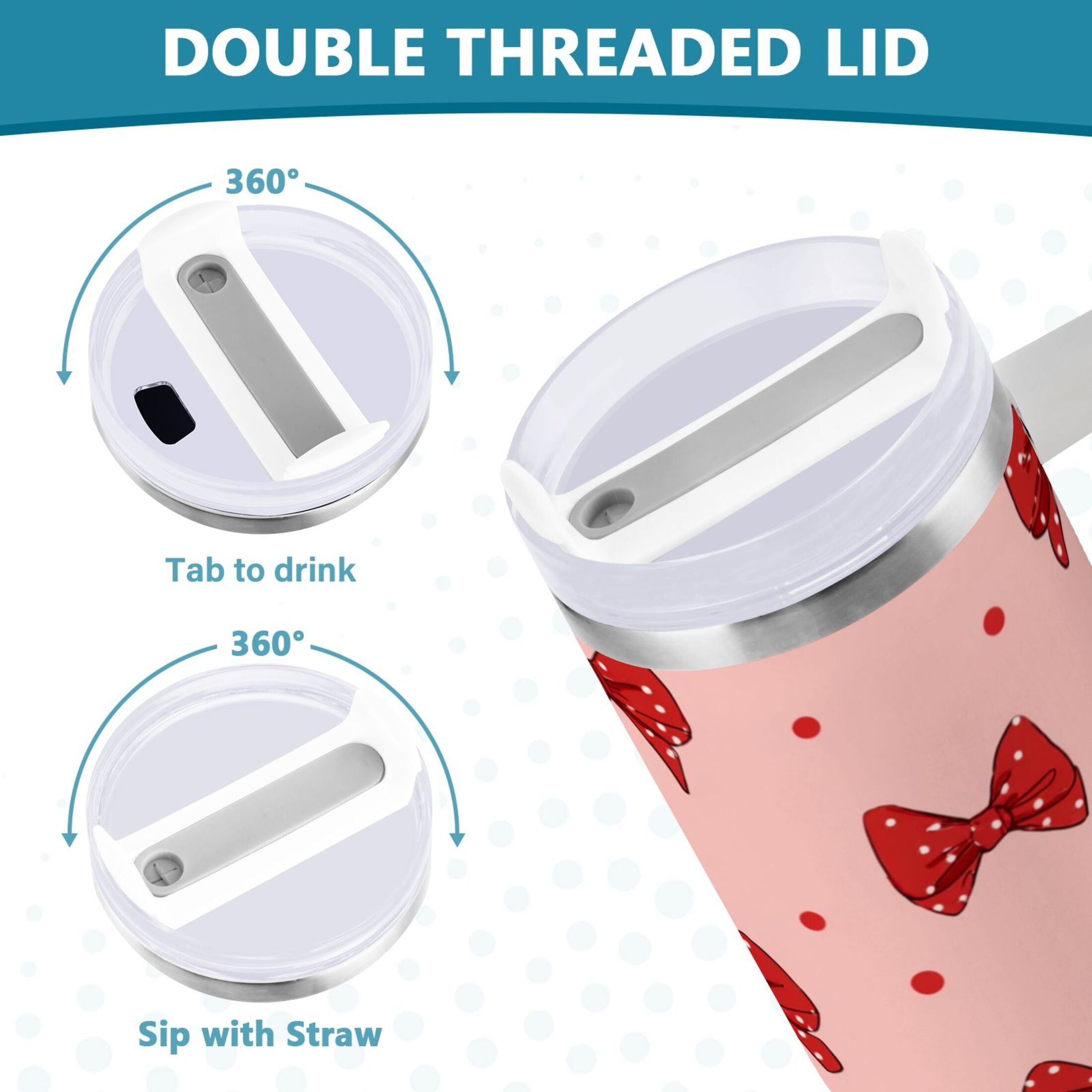 40 oz Insulated Stainless Steel Tumbler Double Wall Stainless Steel Tumbler with 2-Way Drinking Red Bows and Polka Dots MJAG
