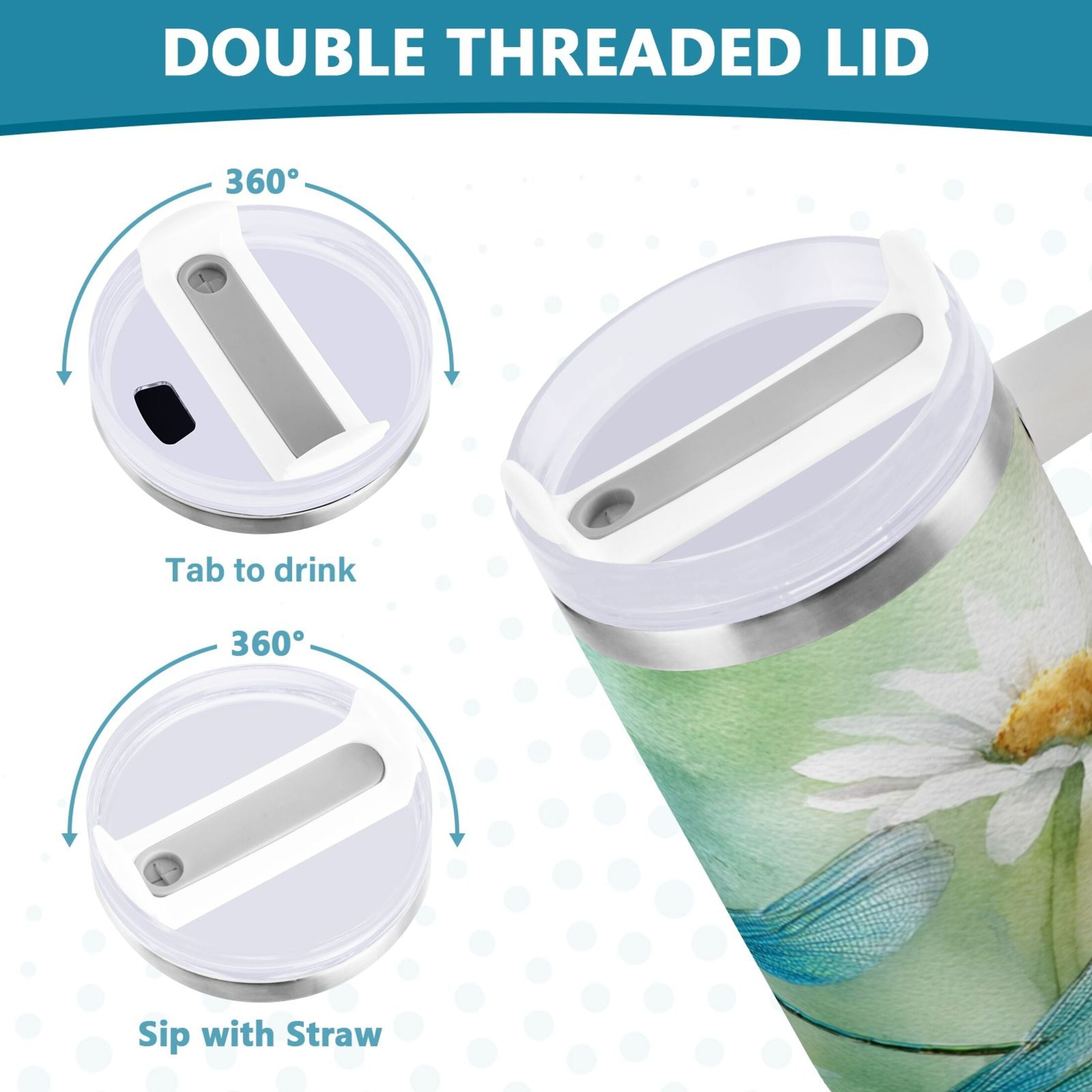 30 oz Insulated Stainless Steel Tumbler Double Wall Stainless Steel Tumbler with 2-Way Drinking Beautiful Dragonflies and Daisies SCEJ